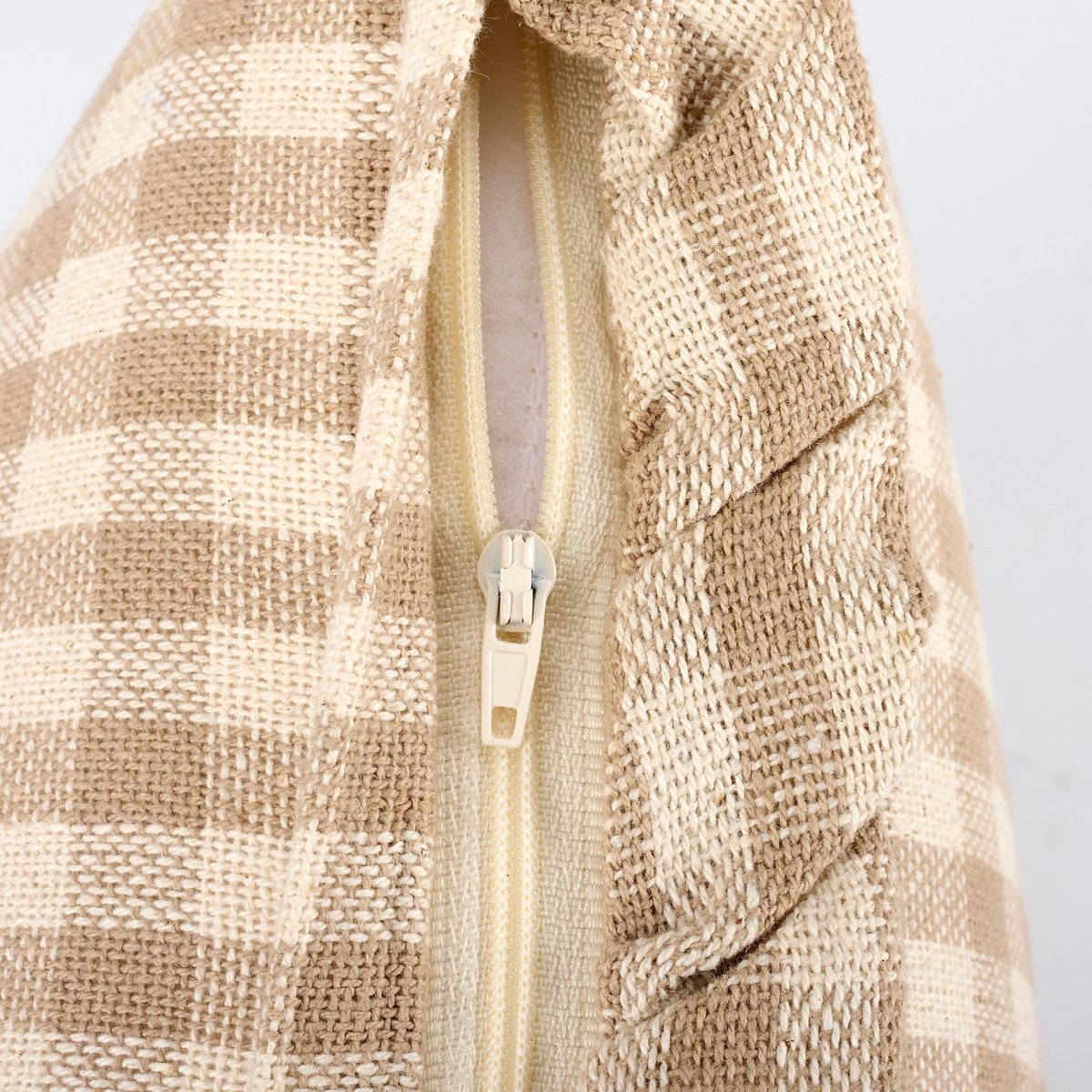 Charming Tan Gingham Decorative Throw Pillow with Ruffled Edges, Cotton Cover