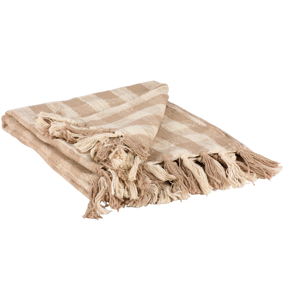 Cozy Tan Plaid Cotton Throw Blanket with Tassels - Rustic Farmhouse Style