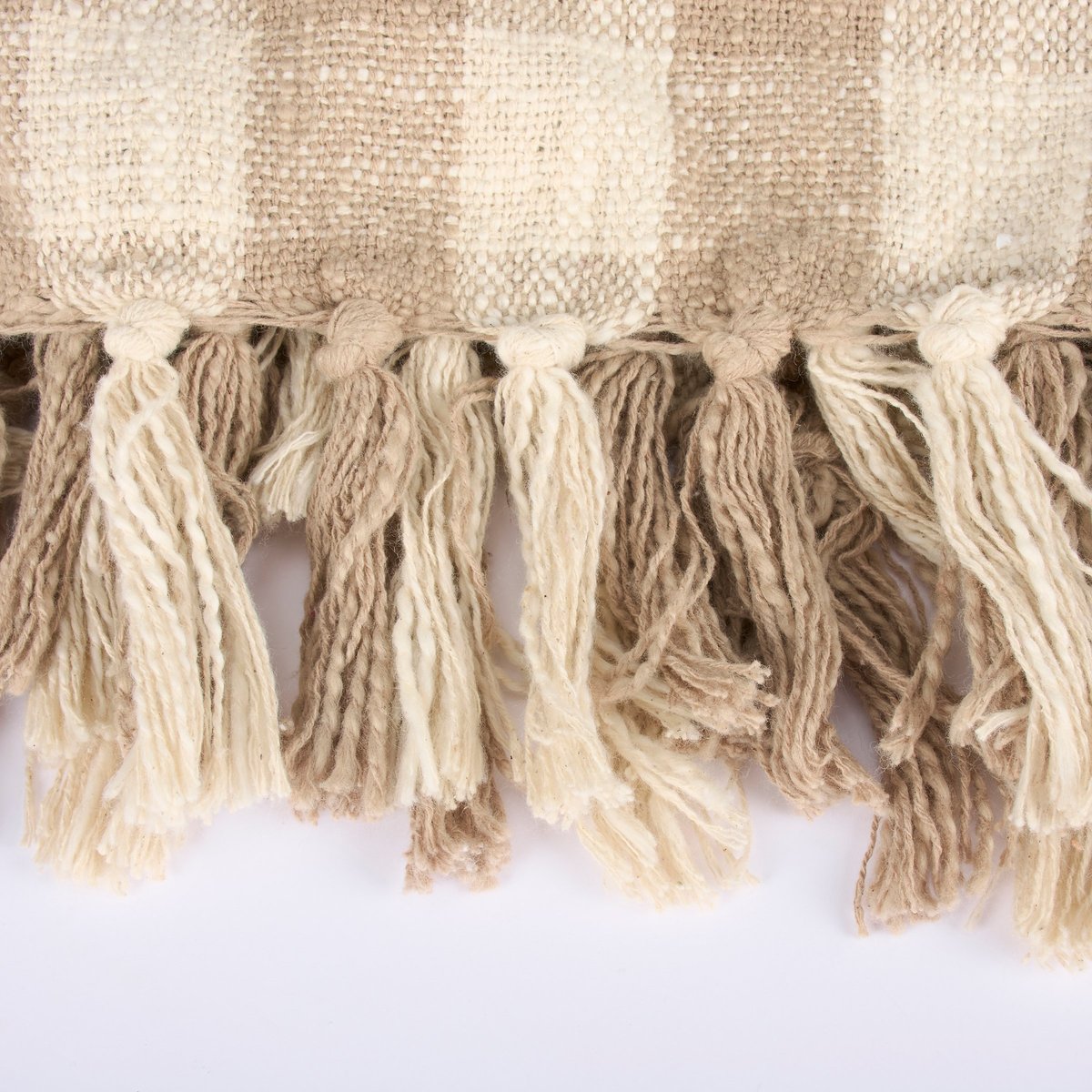 Cozy Tan Plaid Cotton Throw Blanket with Tassels - Rustic Farmhouse Style
