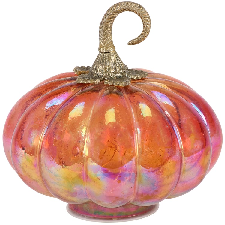 Vibrant Lighted Glass Pumpkin Decor Iridescent Orange Fall Autumn Home Accent