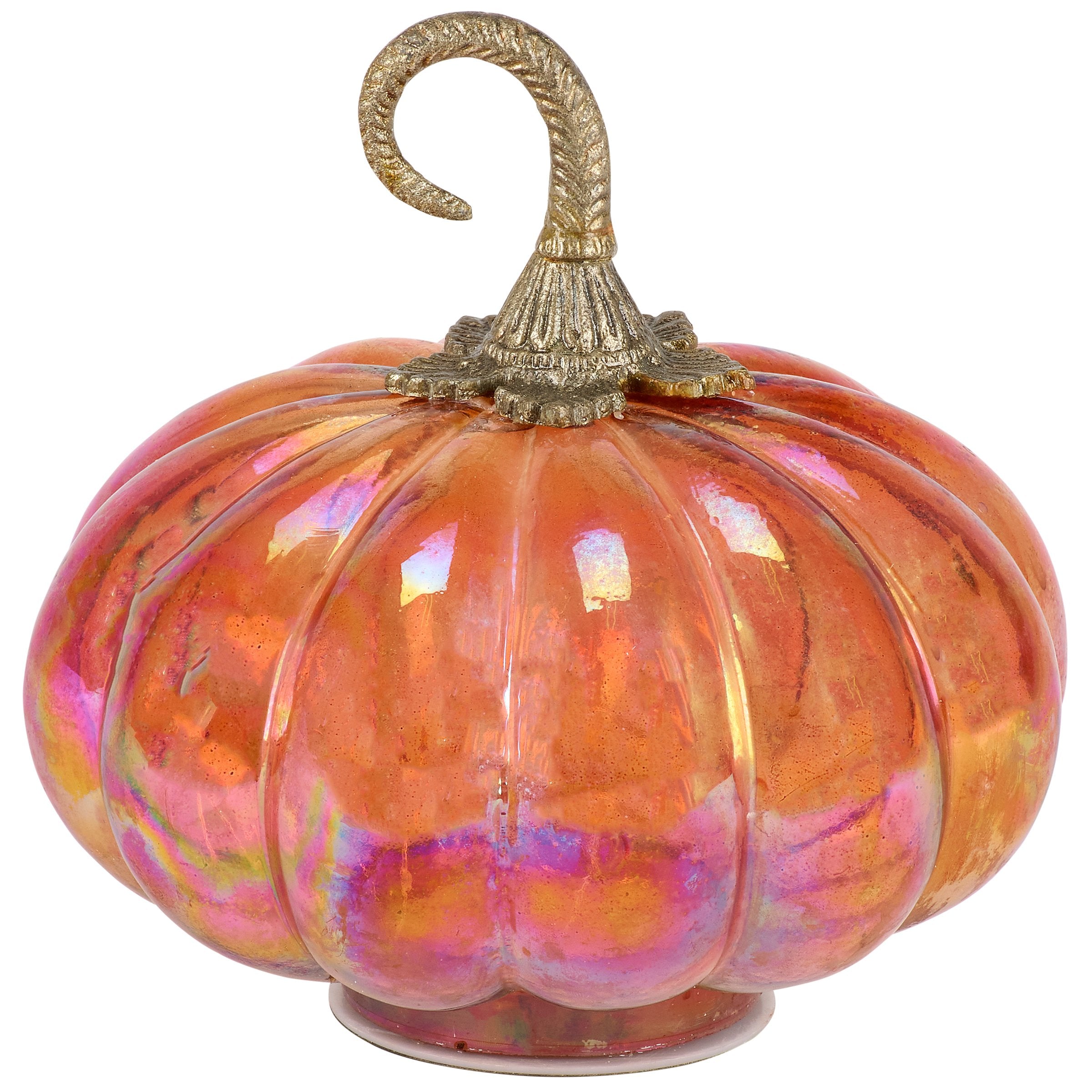 Glowing Iridescent Orange Glass Pumpkin with Antique Stem for Enchanting Fall Decor