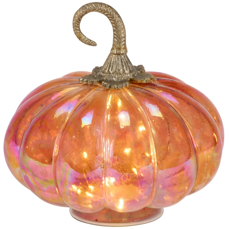 Vibrant Lighted Glass Pumpkin Decor Iridescent Orange Fall Autumn Home Accent