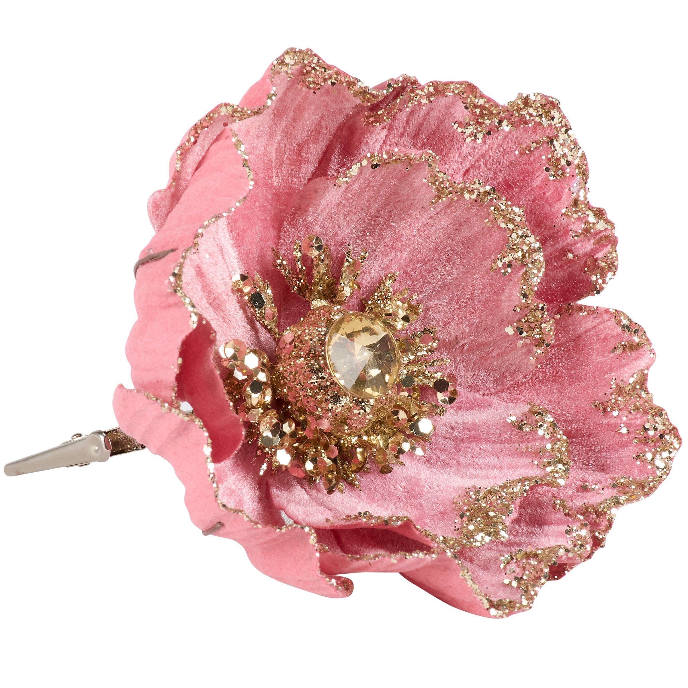 Decorative Dark Pink Jewel Tone Flower Clip with Glitter & Gem Details