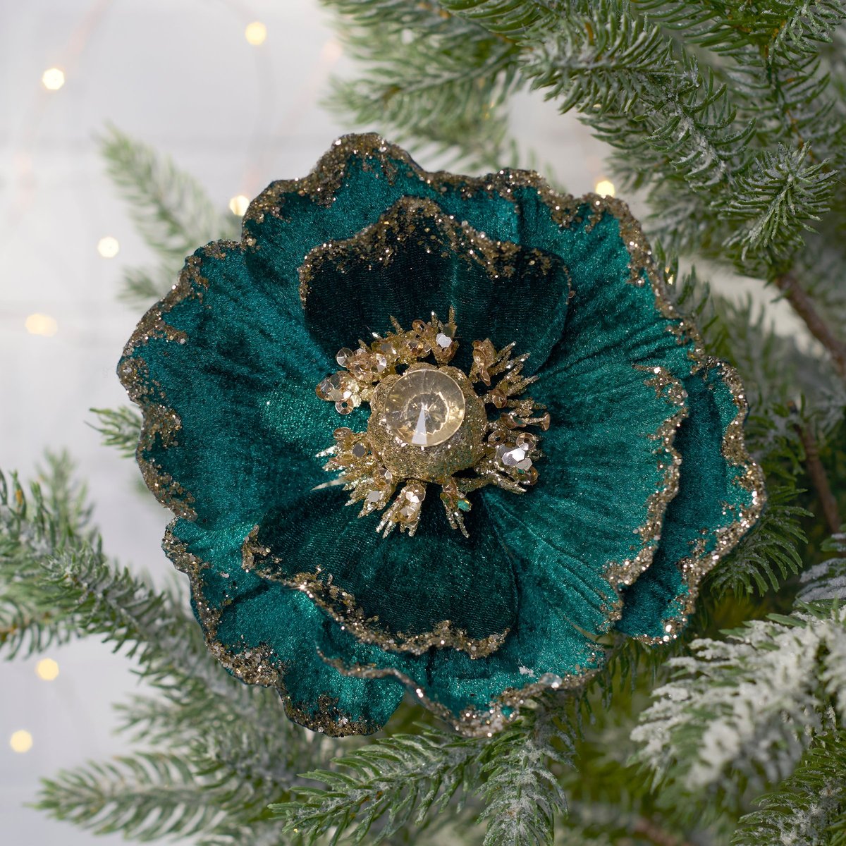 Shimmering Dark Teal Flower Clip with Glitter Gem Accents for Seasonal Decor