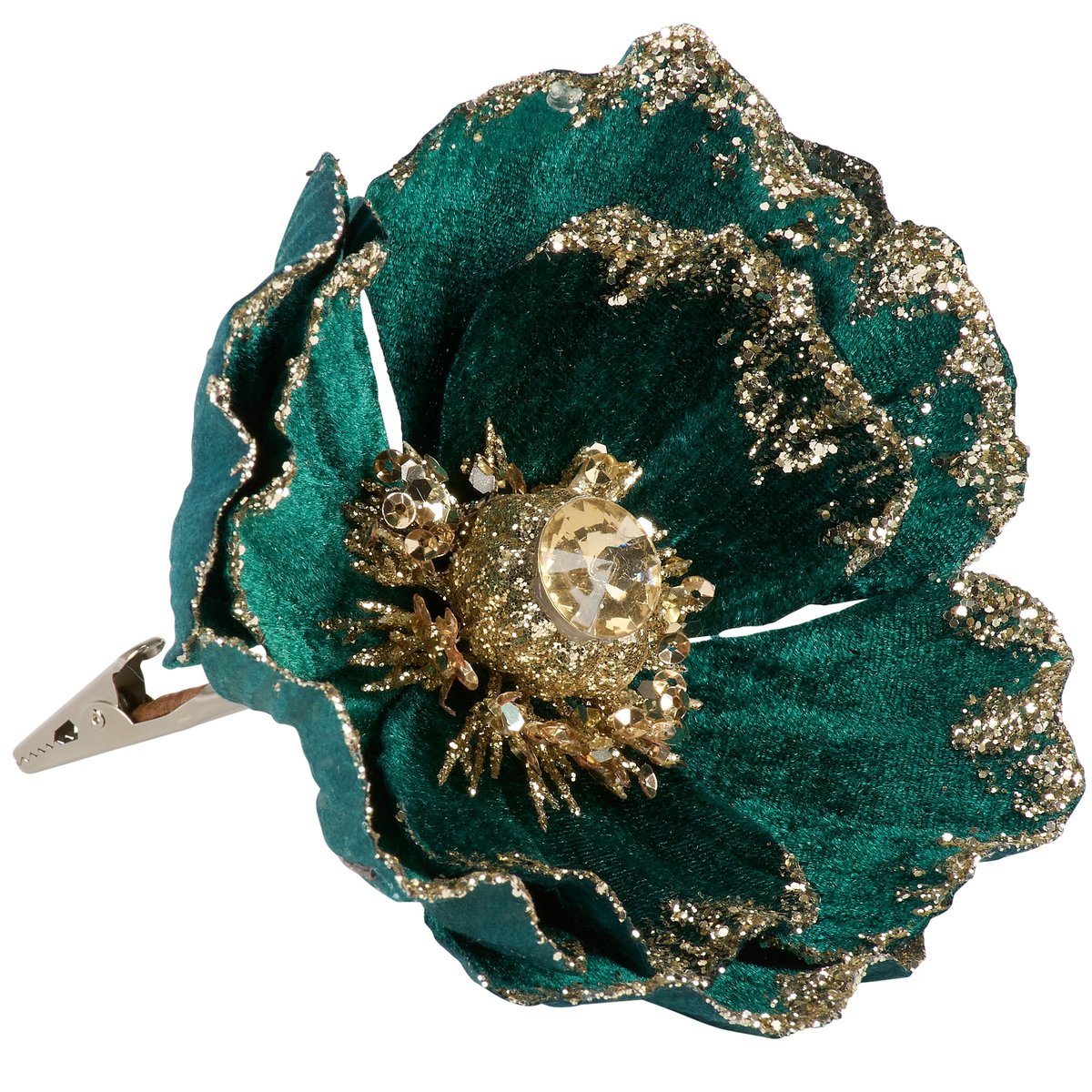 Shimmering Dark Teal Flower Clip with Glitter Gem Accents for Seasonal Decor