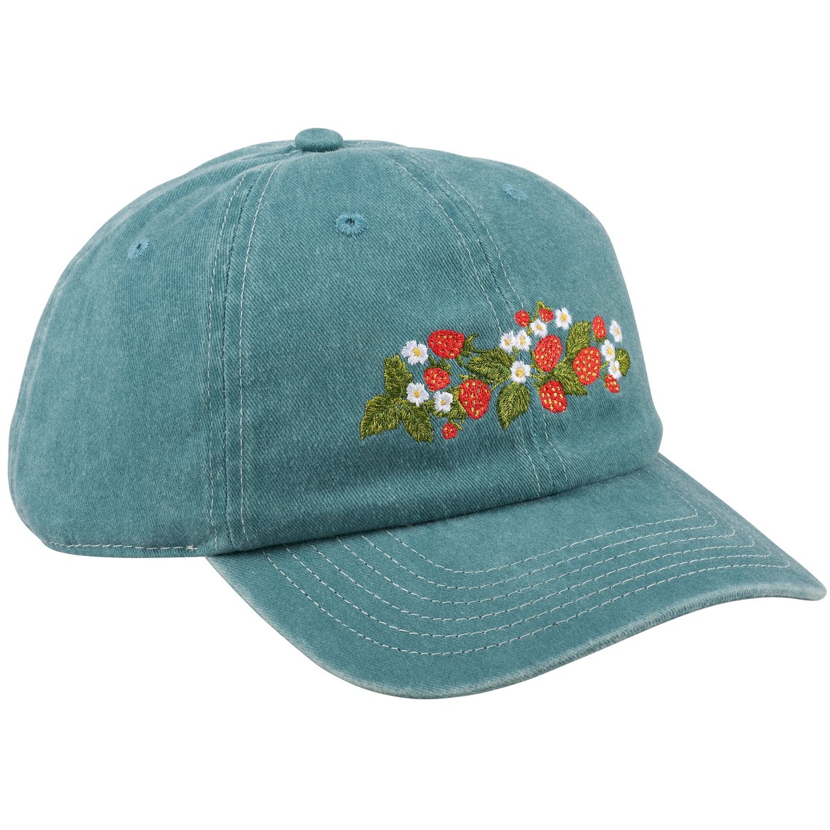 Charming Stonewashed Cotton Baseball Cap with Embroidered Sweet Strawberries and Flowers