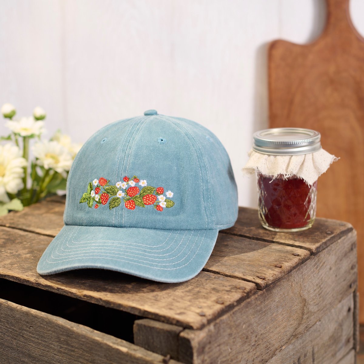 Charming Stonewashed Cotton Baseball Cap with Embroidered Sweet Strawberries and Flowers