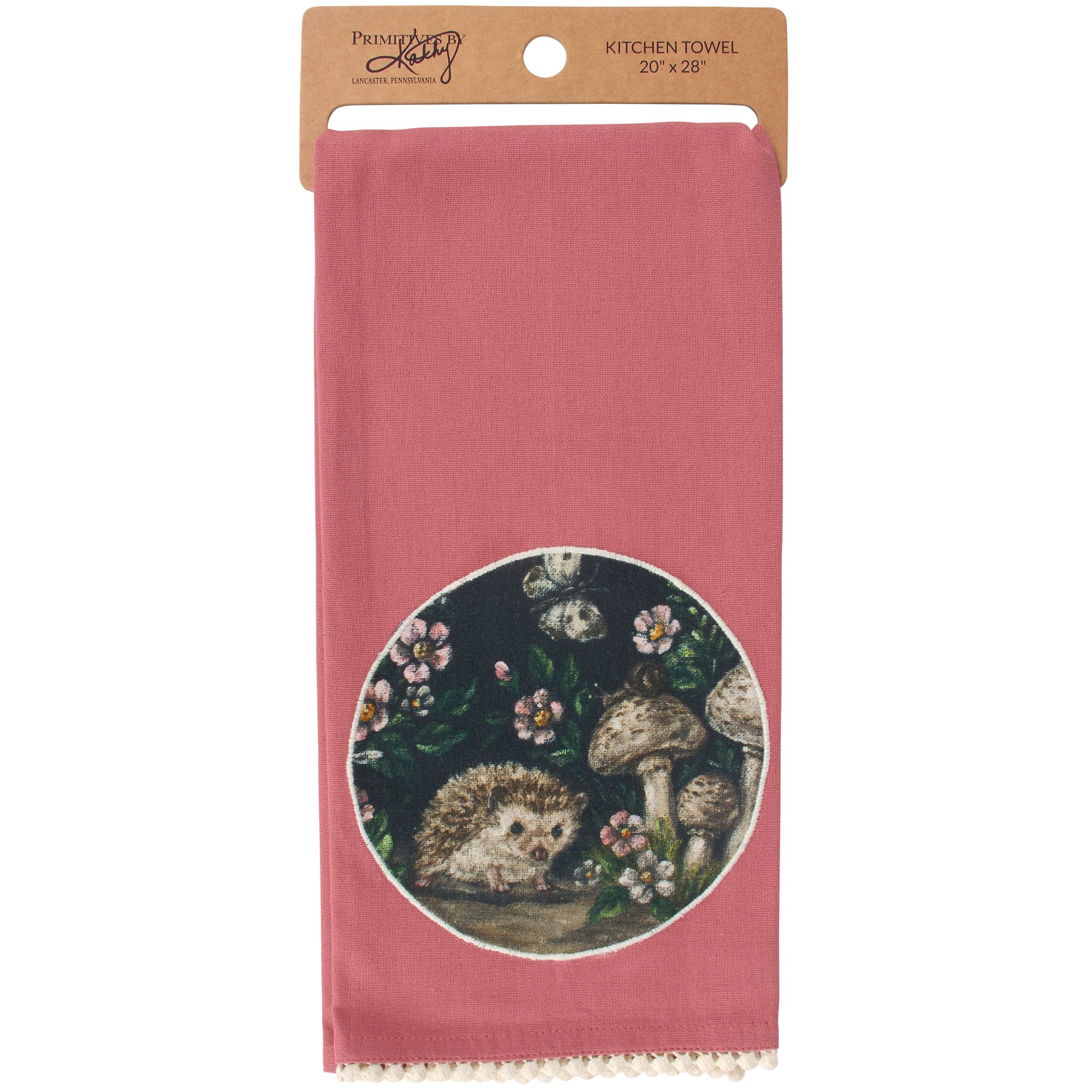 Delightful Woodland Hedgehog Pink Cotton Kitchen Towel with Stitched Art & Pom Trim