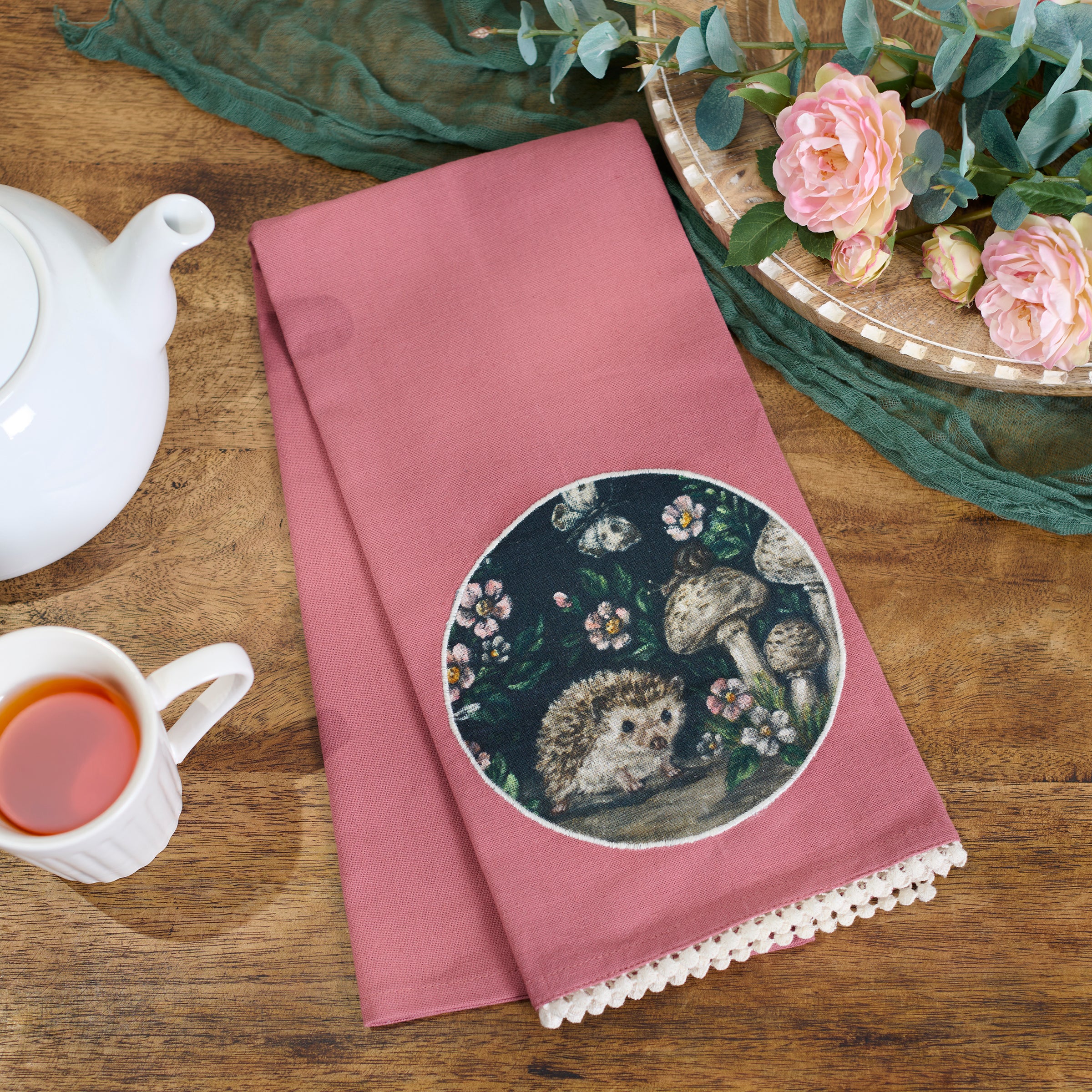 Delightful Woodland Hedgehog Pink Cotton Kitchen Towel with Stitched Art & Pom Trim