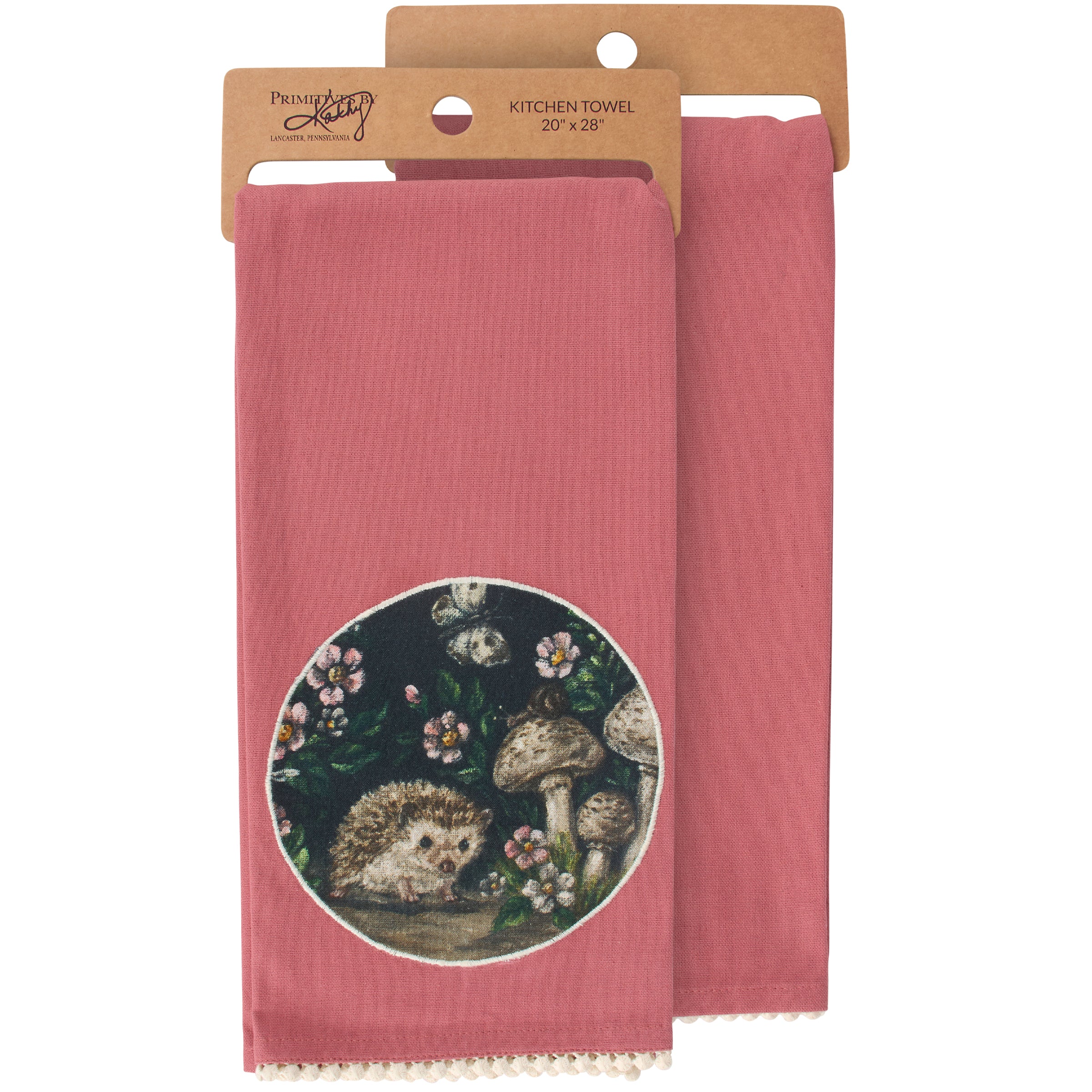 Delightful Woodland Hedgehog Pink Cotton Kitchen Towel with Stitched Art & Pom Trim