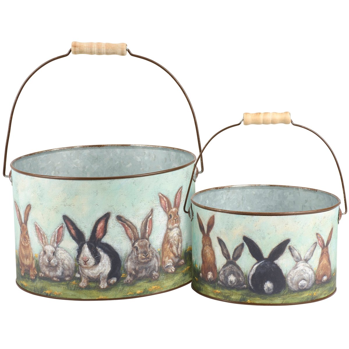 Charming Garden Bunny Friends Metal Bucket Set - Decorative Spring Easter Pails