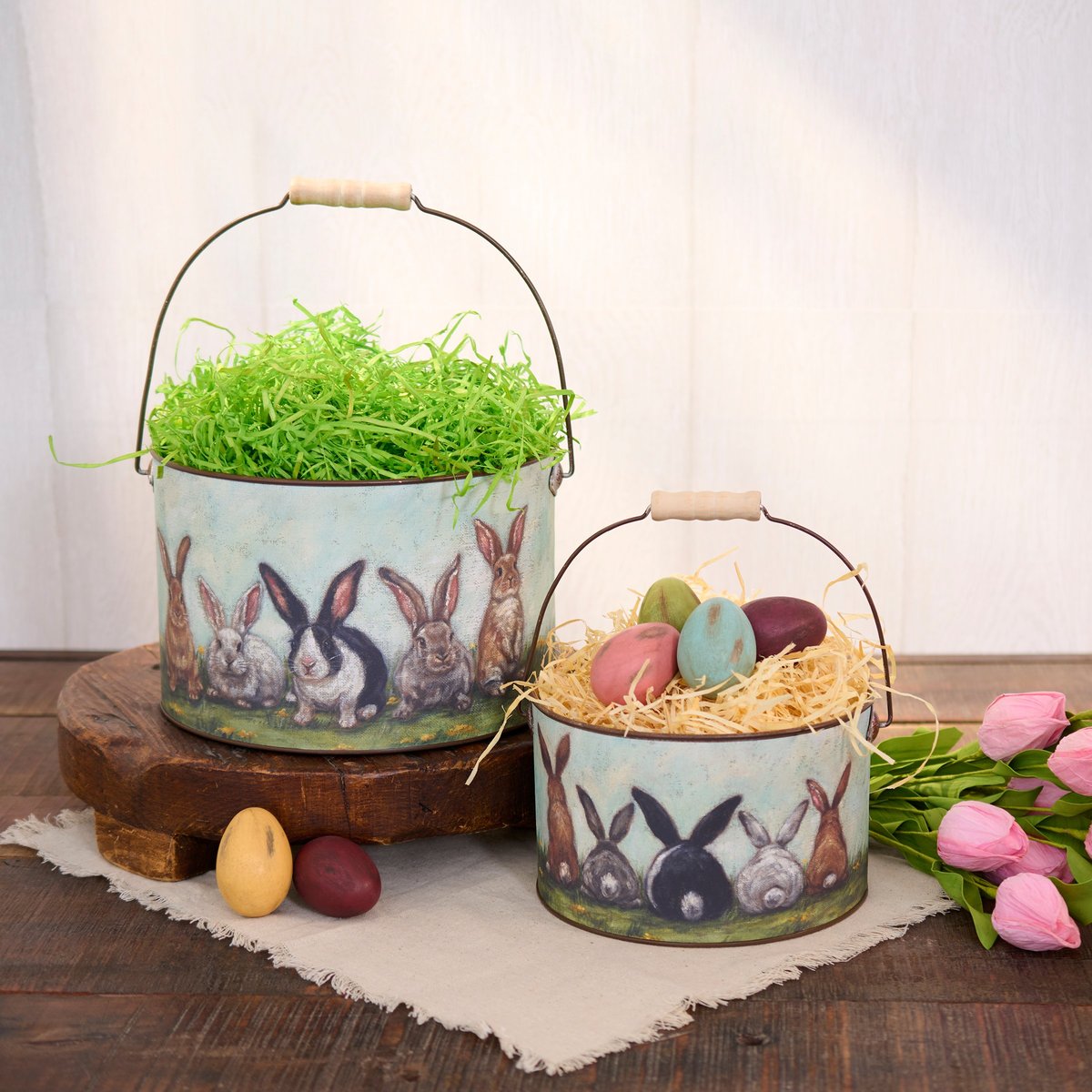 Charming Garden Bunny Friends Metal Bucket Set - Decorative Spring Easter Pails