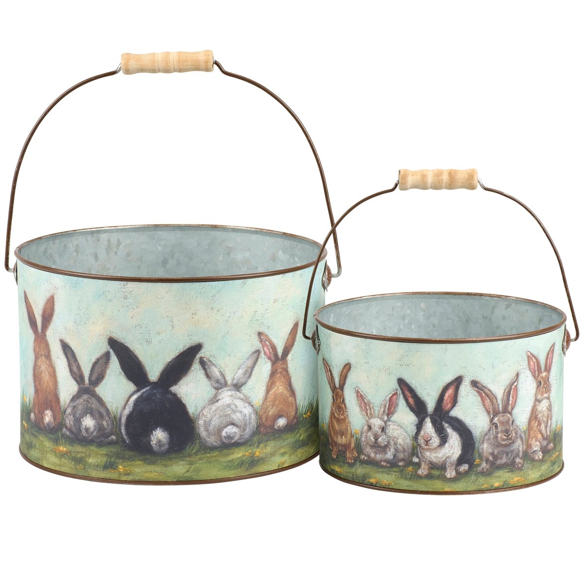 Charming Garden Bunny Friends Metal Bucket Set - Decorative Spring Easter Pails