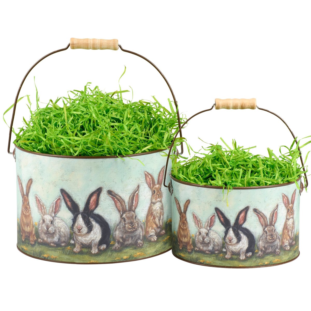 Charming Garden Bunny Friends Metal Bucket Set - Decorative Spring Easter Pails