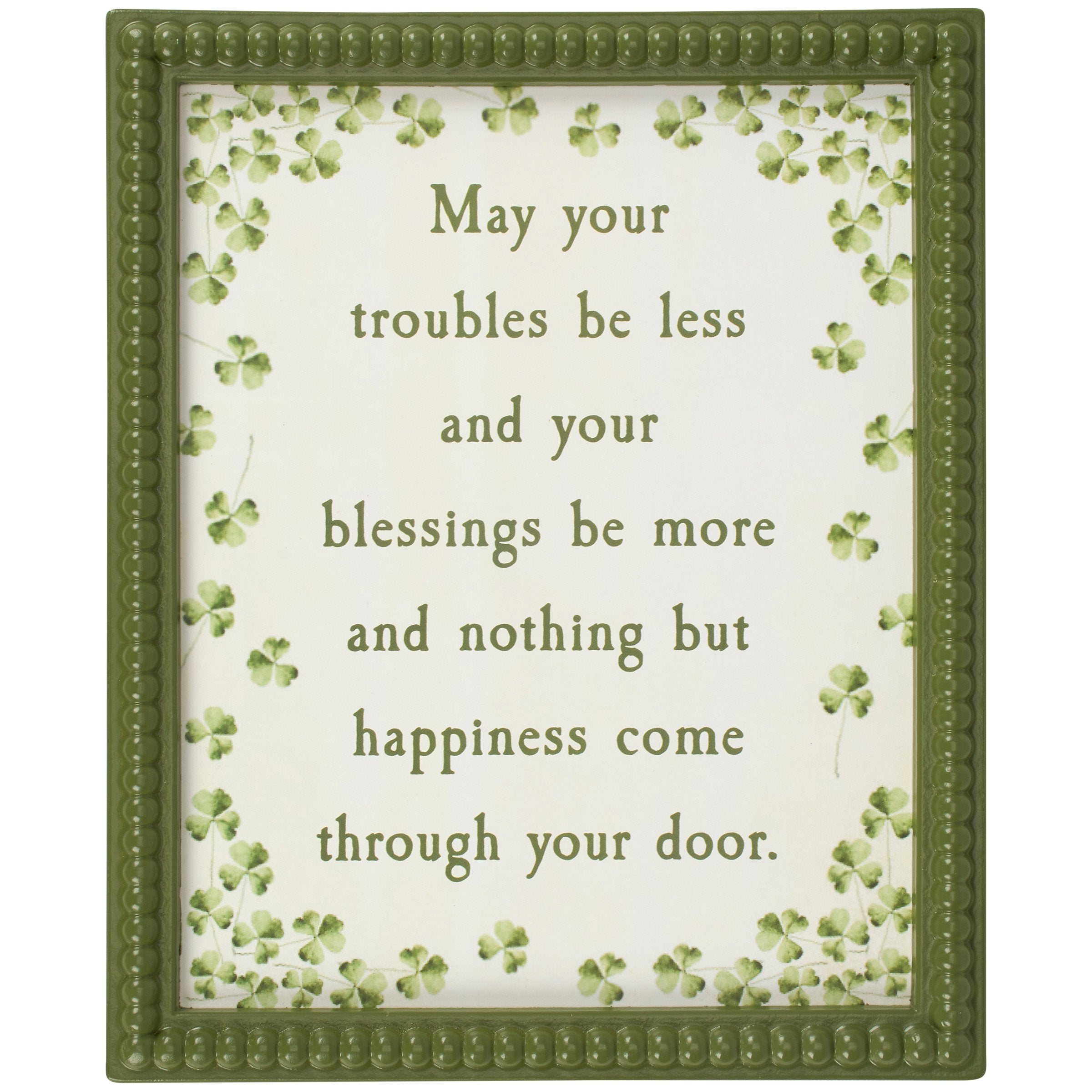 Inspirational Irish Blessing Framed Wall Art with Shamrocks & Beaded Green Frame
