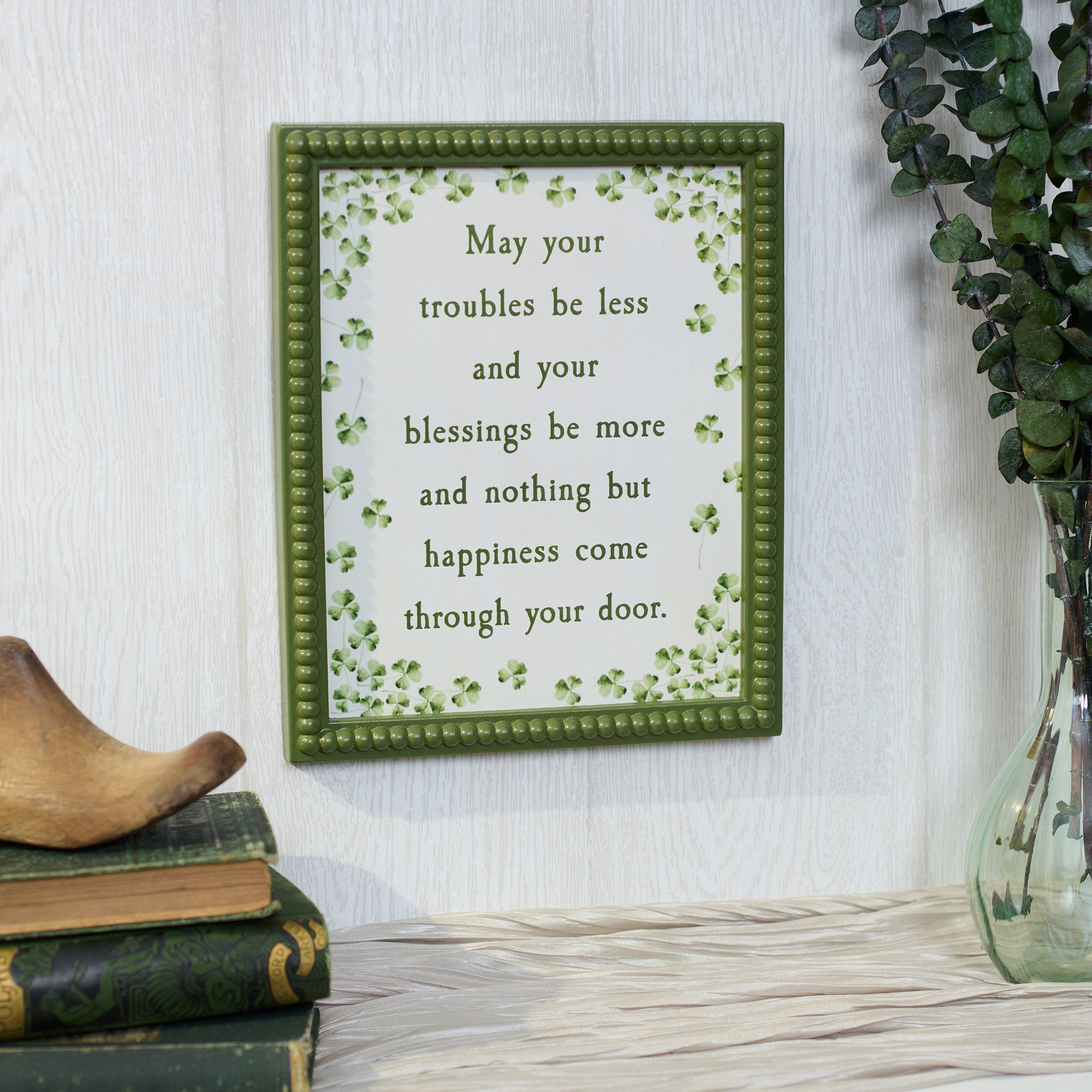 Inspirational Irish Blessing Framed Wall Art with Shamrocks & Beaded Green Frame