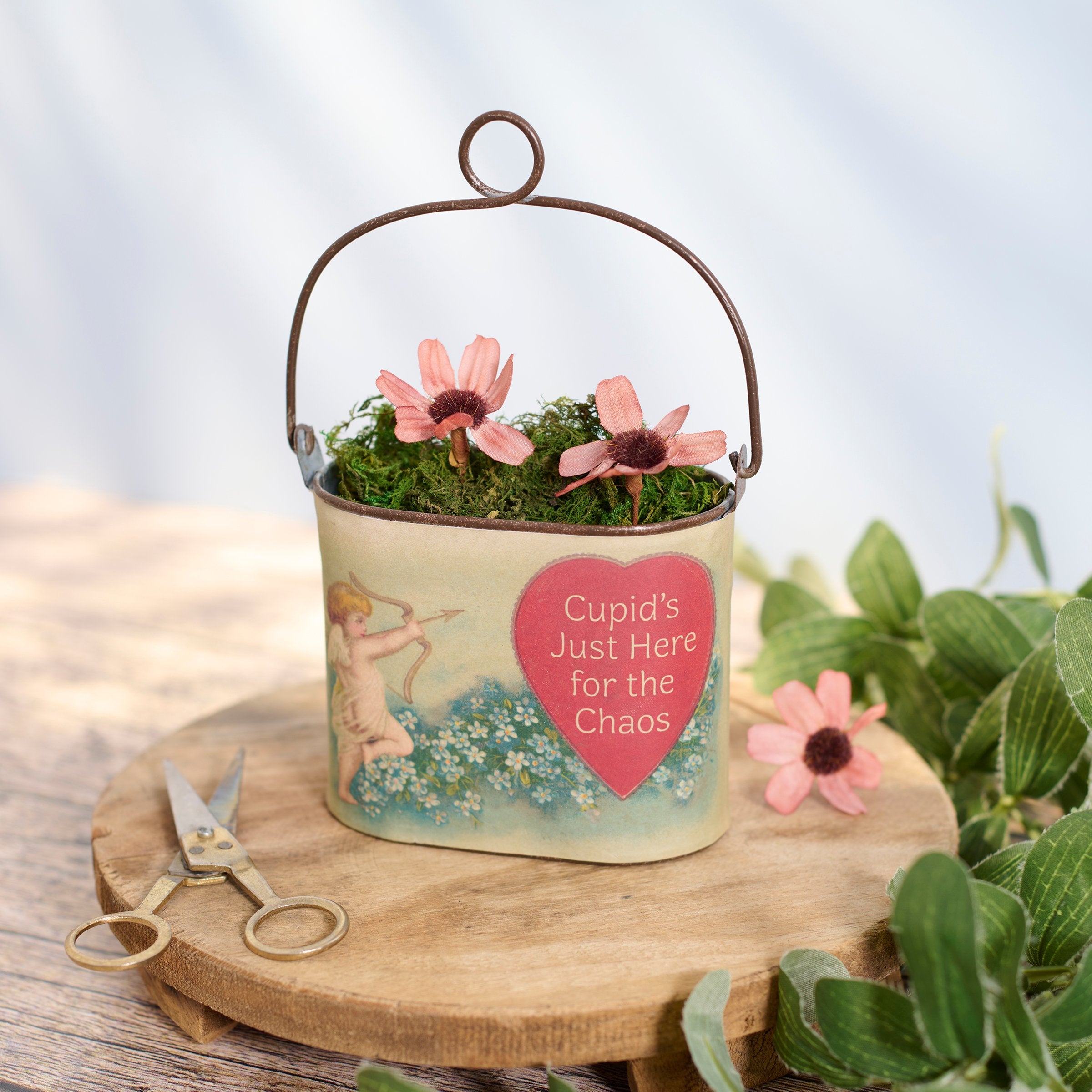 Sassy Cupid's Chaos Anti-Valentine Small Metal Bucket Decorative Accent