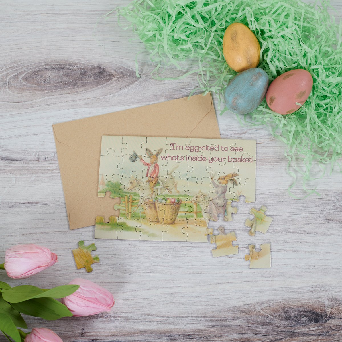 Vintage Easter Bunny Lamb 35-Piece Puzzle Greeting Card with Kraft Envelope