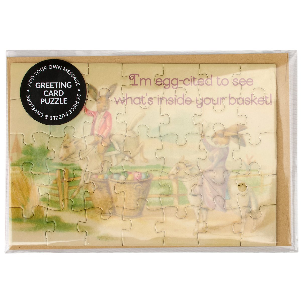 Vintage Easter Bunny Lamb 35-Piece Puzzle Greeting Card with Kraft Envelope