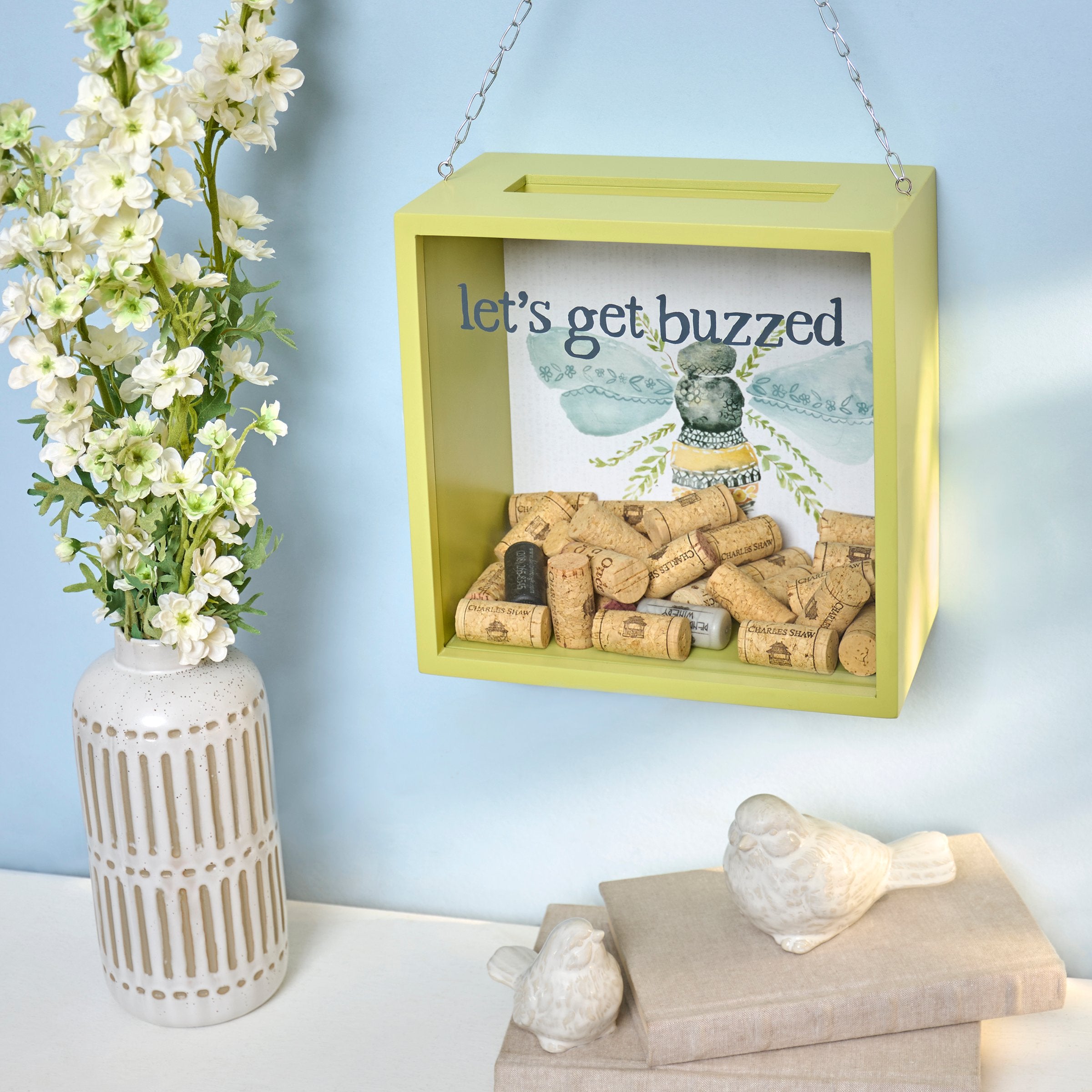 Decorative Wooden Bee Wine Cork Holder with Glass Window for Home Decor