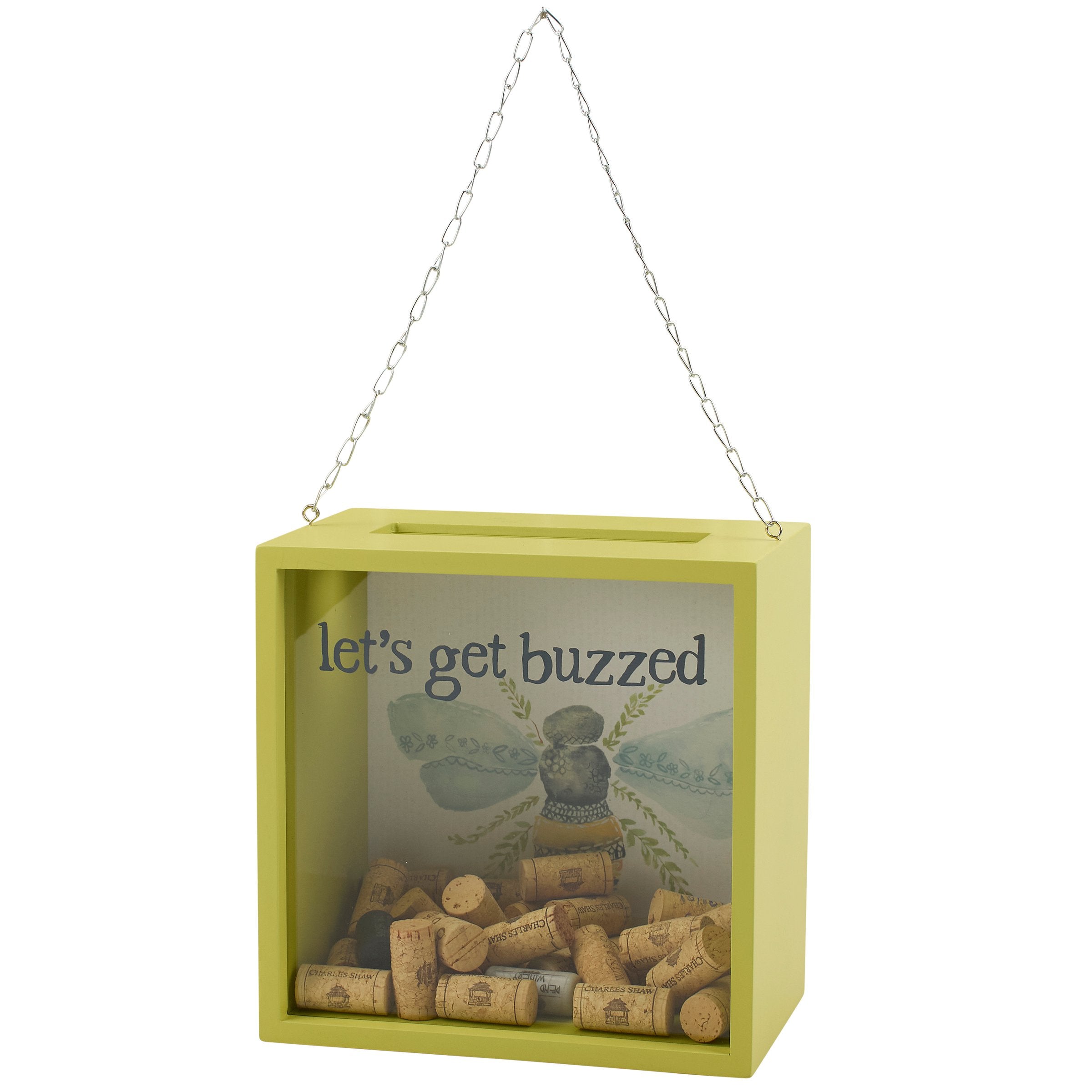 Bee Happy 'Let's Get Buzzed' Decorative Wine Cork Holder Box with Glass Window