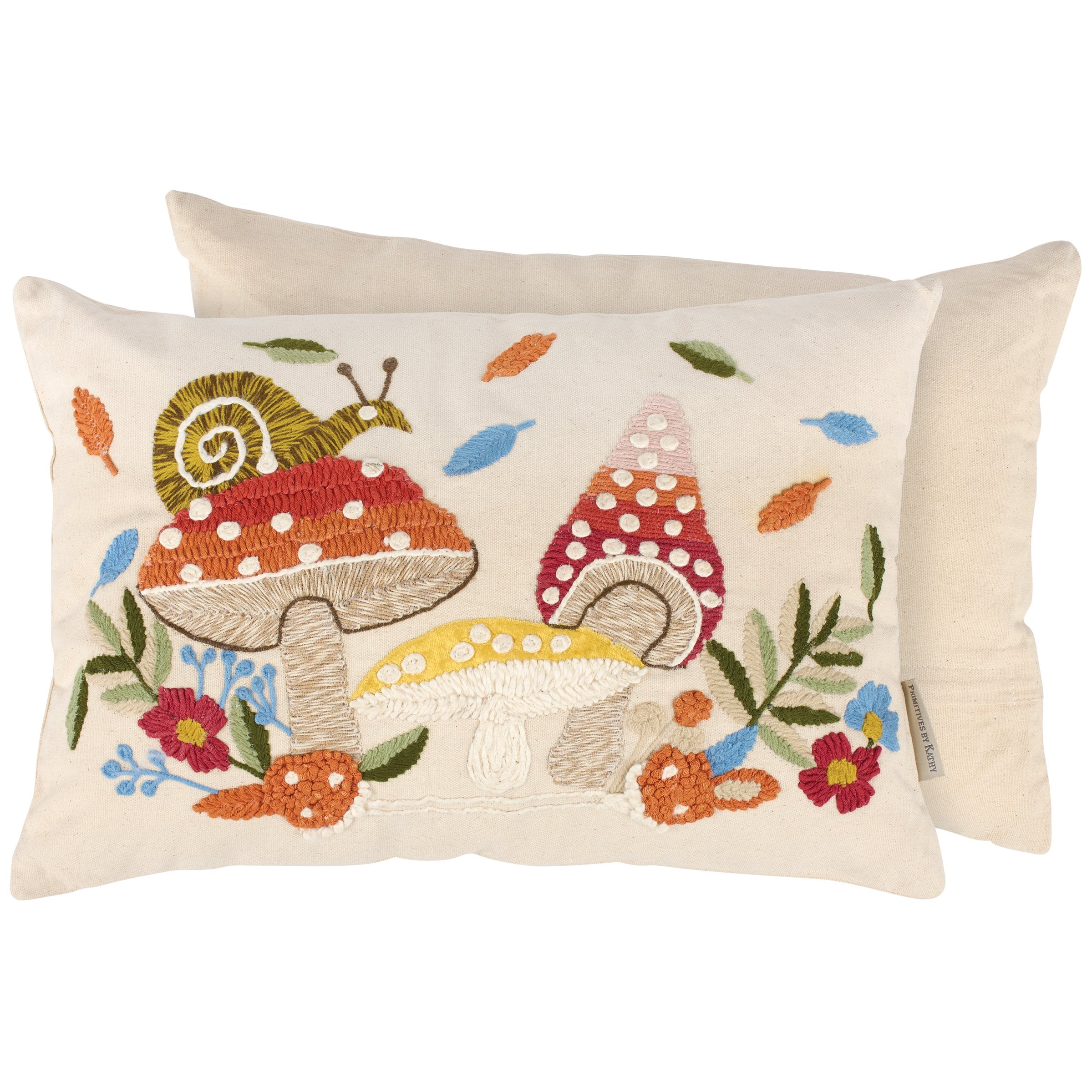 Whimsical Embroidered Mushroom Garden Pillow - Rustic Home Accent 18x12 Inch