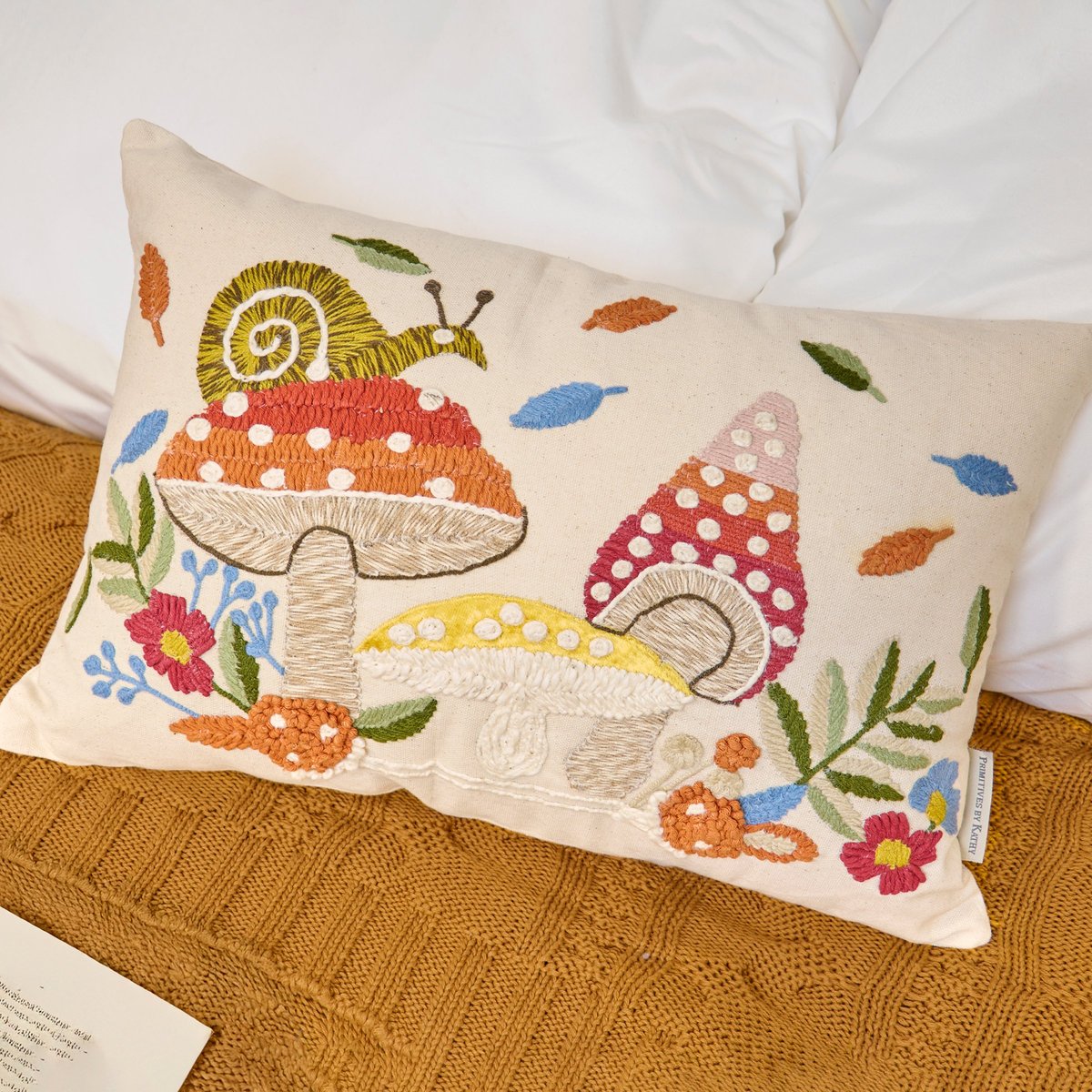 Whimsical Embroidered Mushroom Garden Pillow - Rustic Home Accent 18x12 Inch