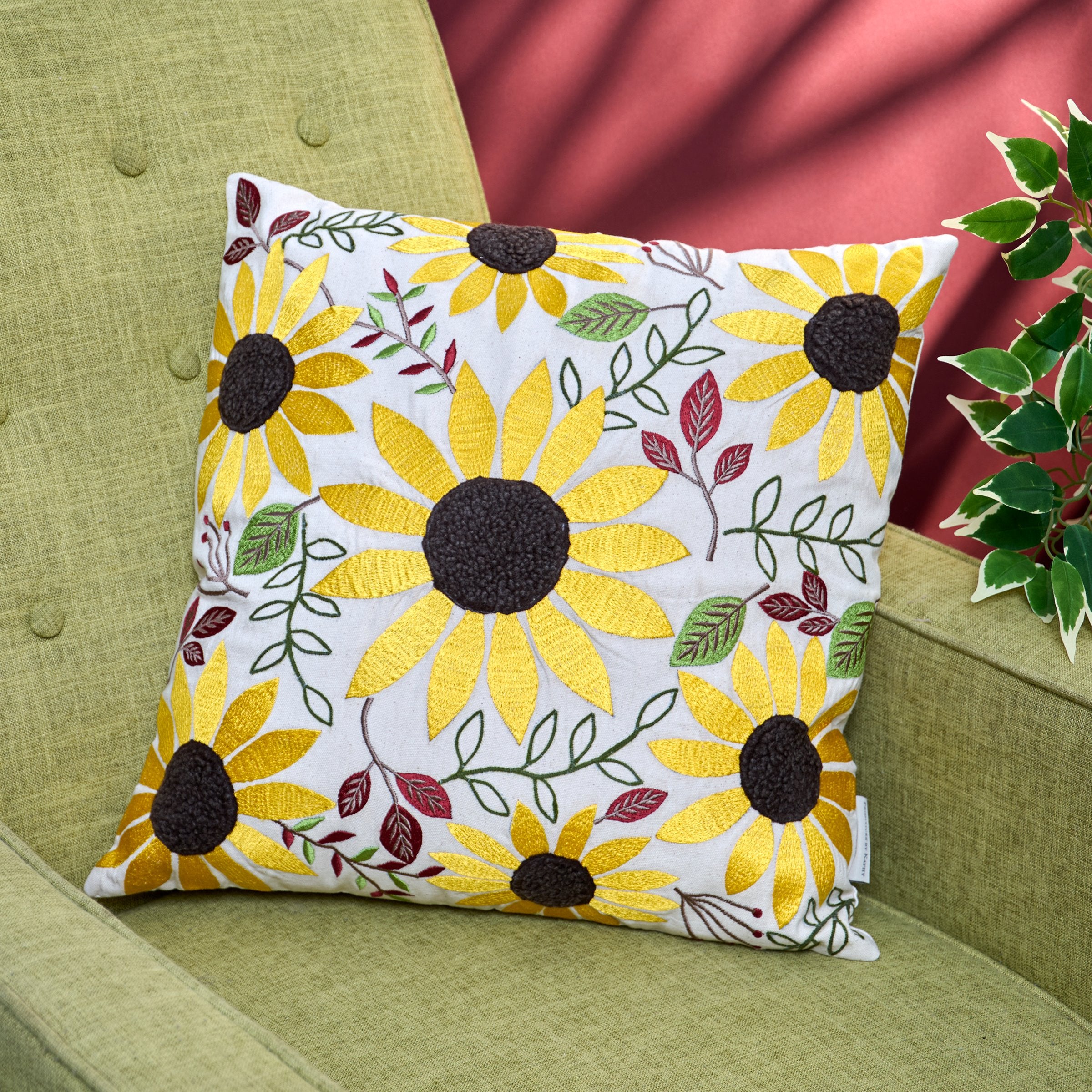 Bright Sunflower Embroidered Decorative Pillow - Tufted Cotton Home Accent