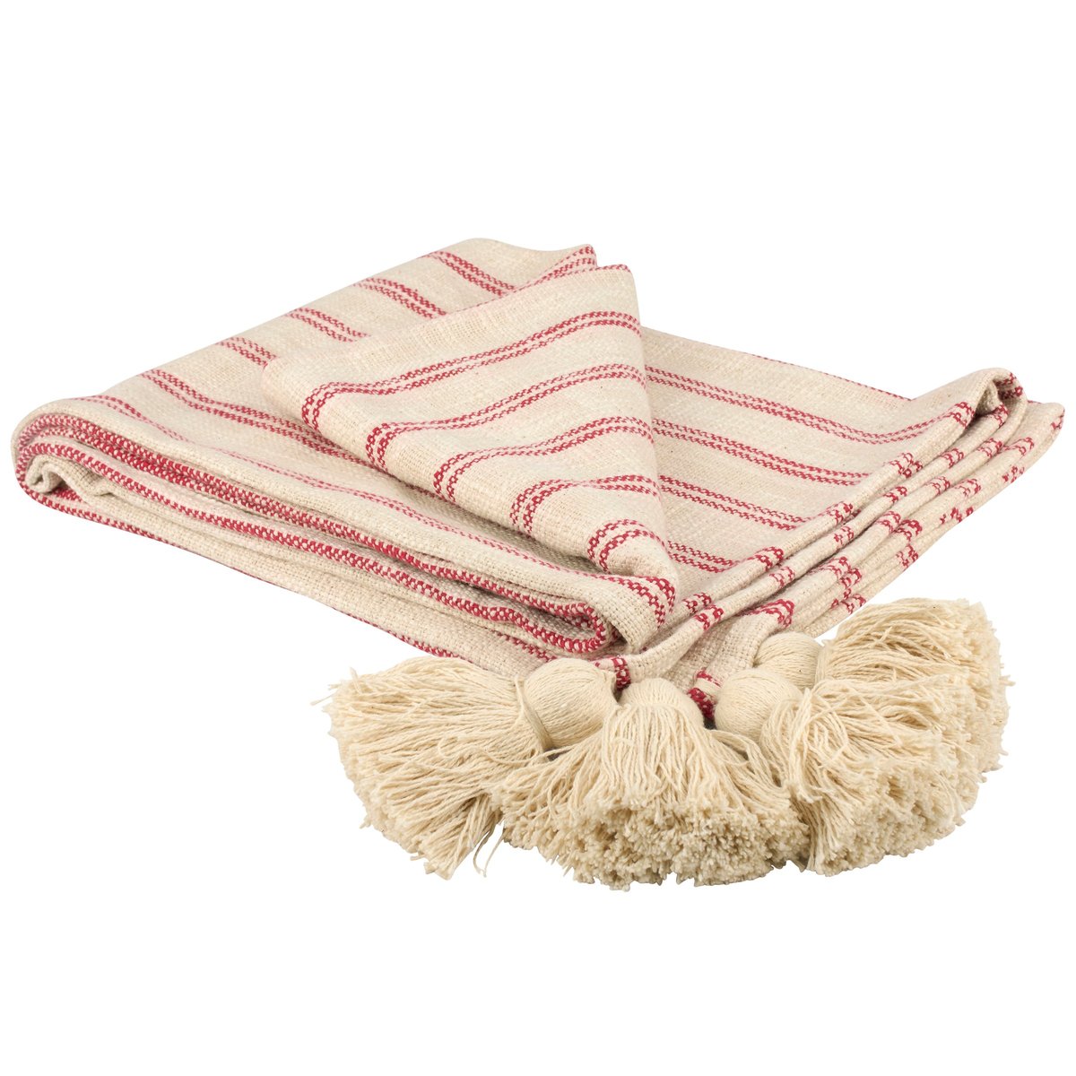 Charming Red Ticking Stripe Cotton Throw Blanket with Tassels - Machine Washable