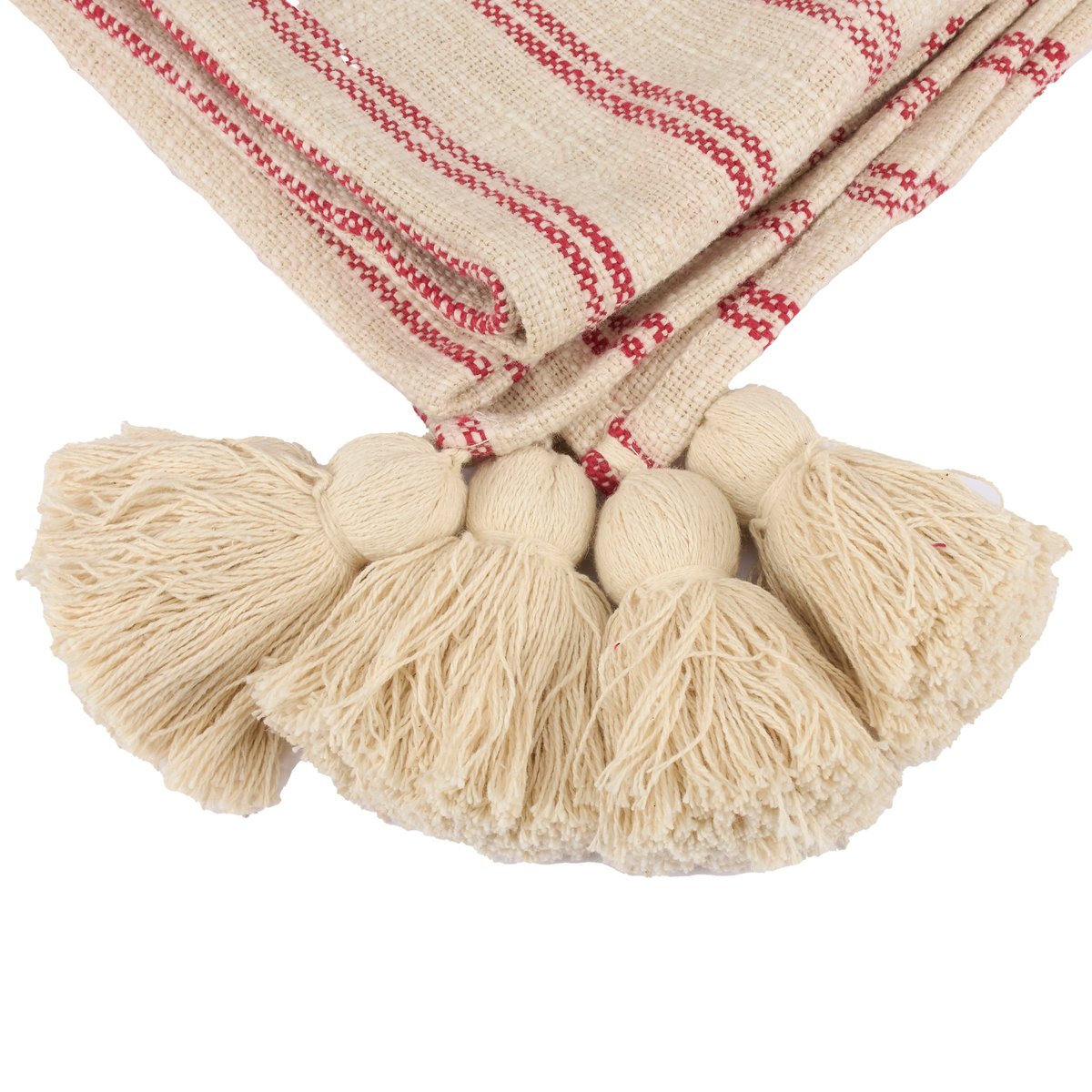 Charming Red Ticking Stripe Cotton Throw Blanket with Tassels - Machine Washable