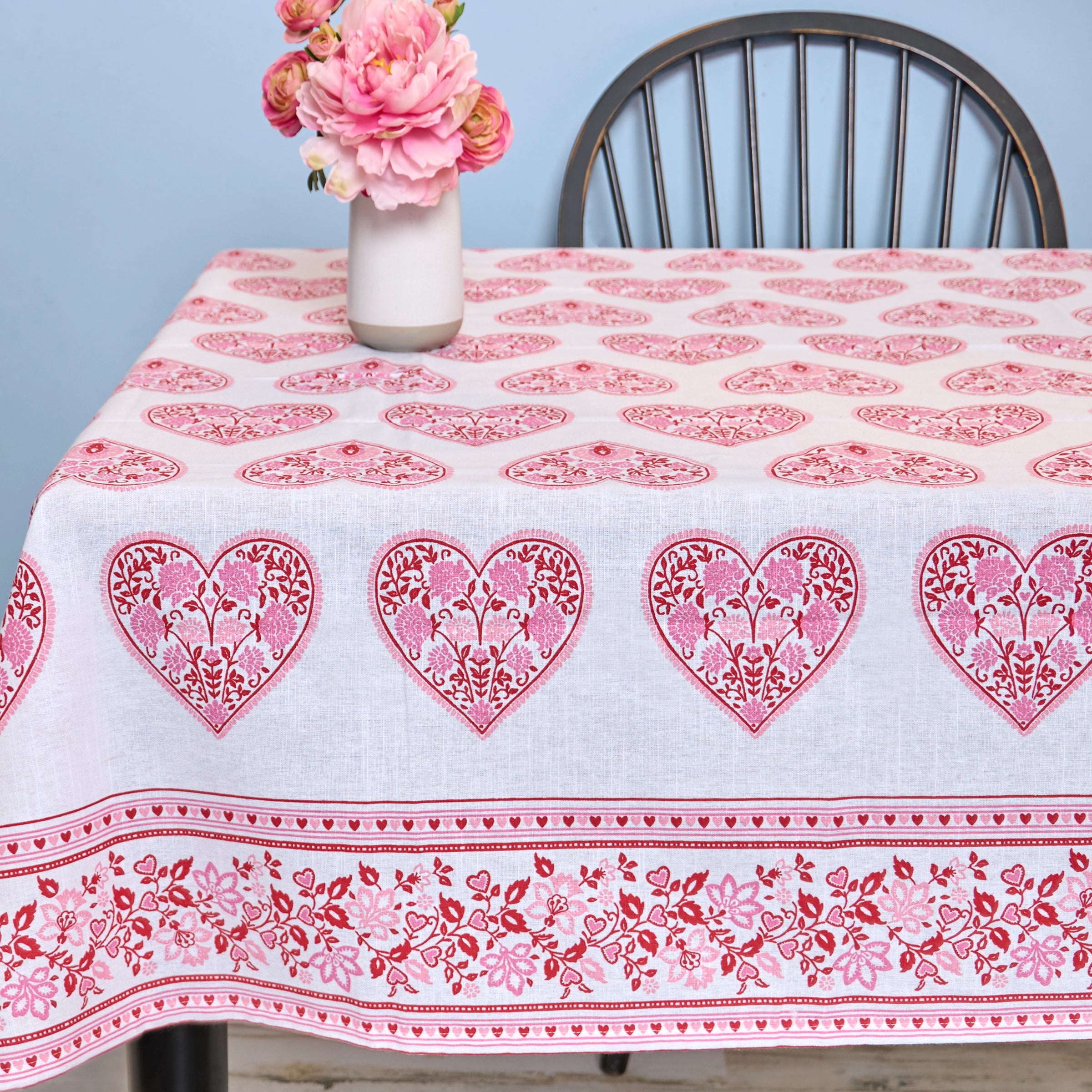 Romantic Valentine's Day Cotton Tablecloth, Ornate Floral Hearts Design, Machine Washable