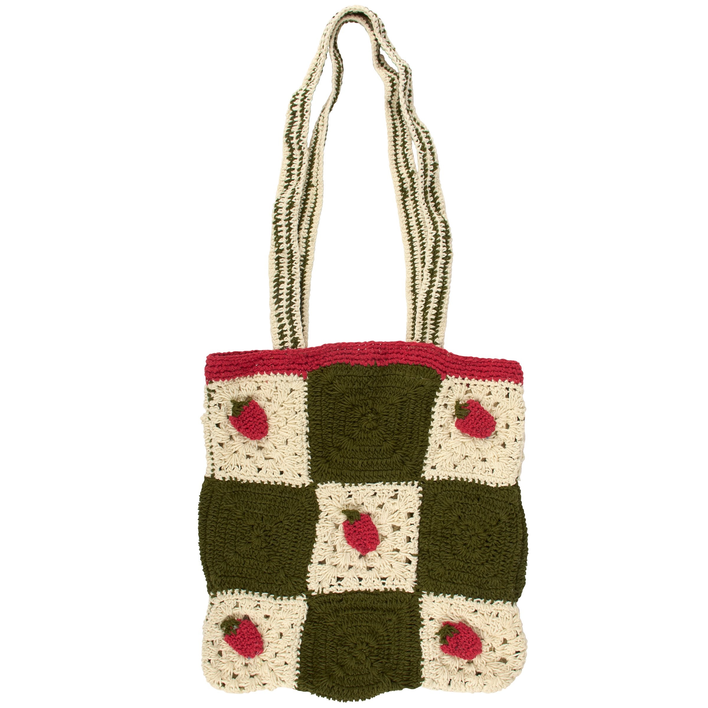 Charming Crochet Strawberries Tote Bag with Lined Pouch - Stylish Cotton Accessory