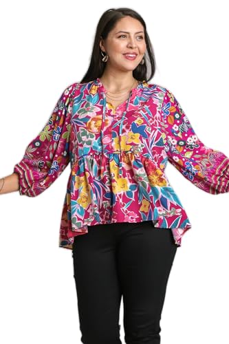 Umgee Babydoll Mix & Match Top with Floral Print Boarder Balloon Sleeve