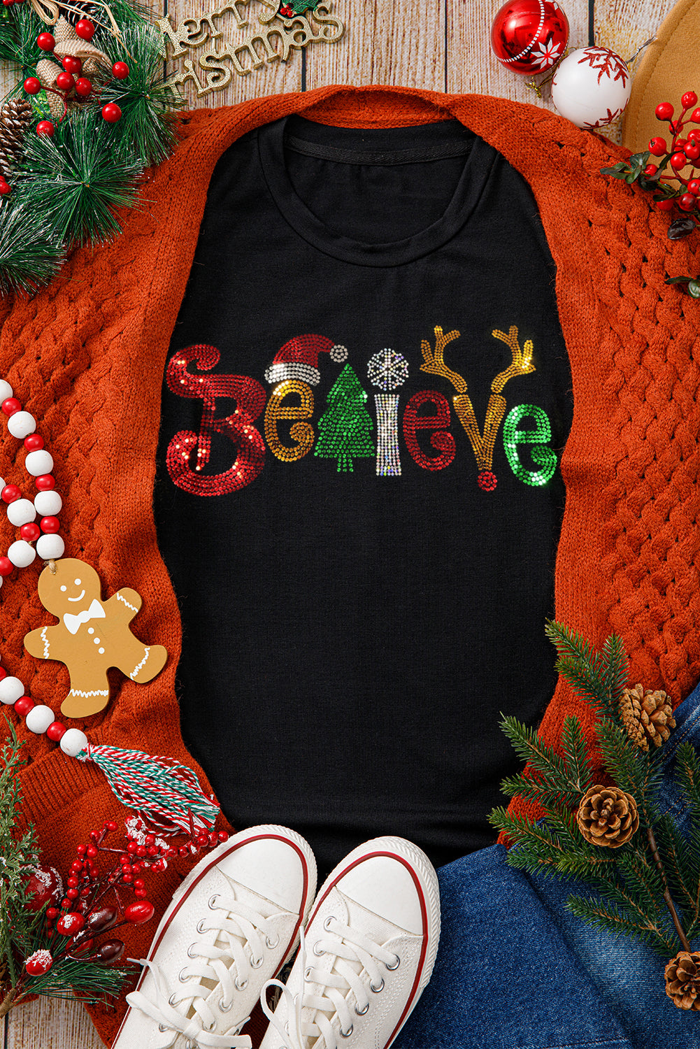 Black BELIEVE Glittered Crewneck Christmas Graphic Tee