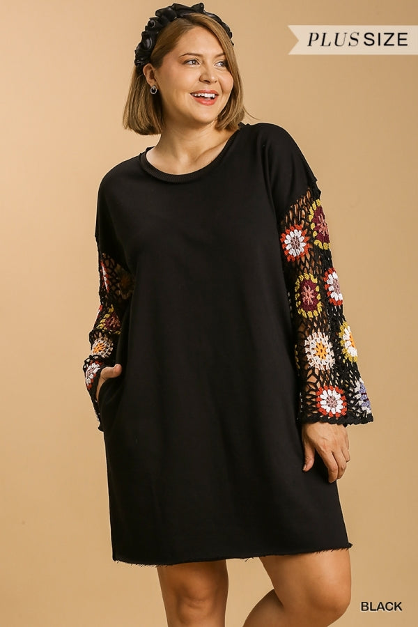 Umgee French Terry Round Neck Color Crochet Long Sleeve Dress