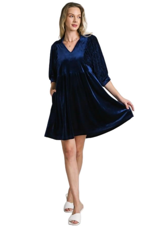 Umgee USA Velvet 3/4 Sleeves Collar Dress with Contrast Detail