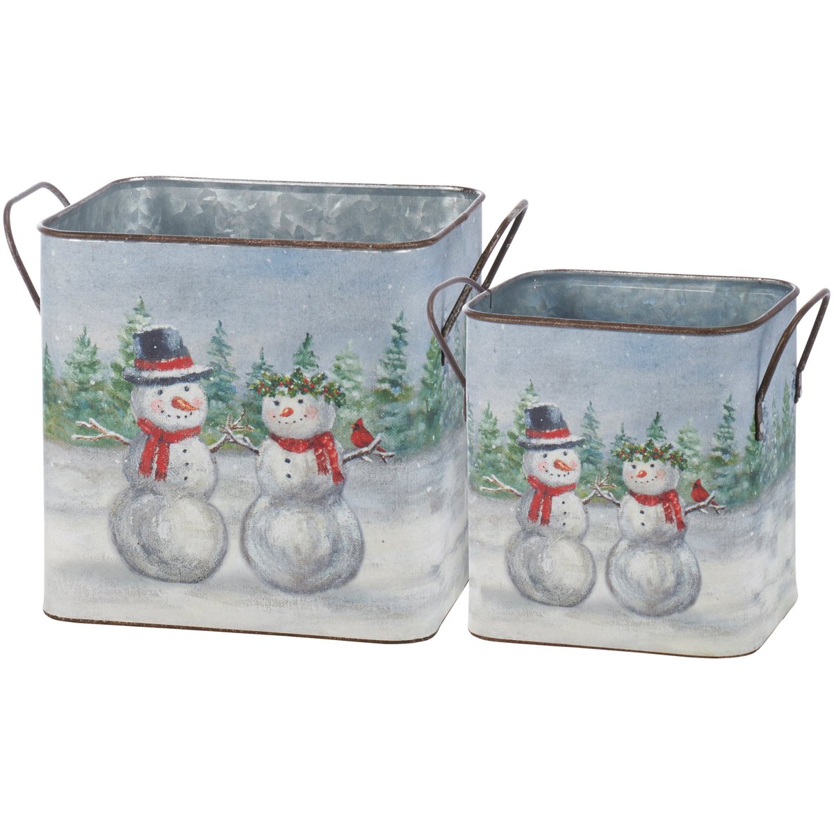 Charming Snow Family Galvanized Metal Storage Bins - Festive Christmas Decor Set