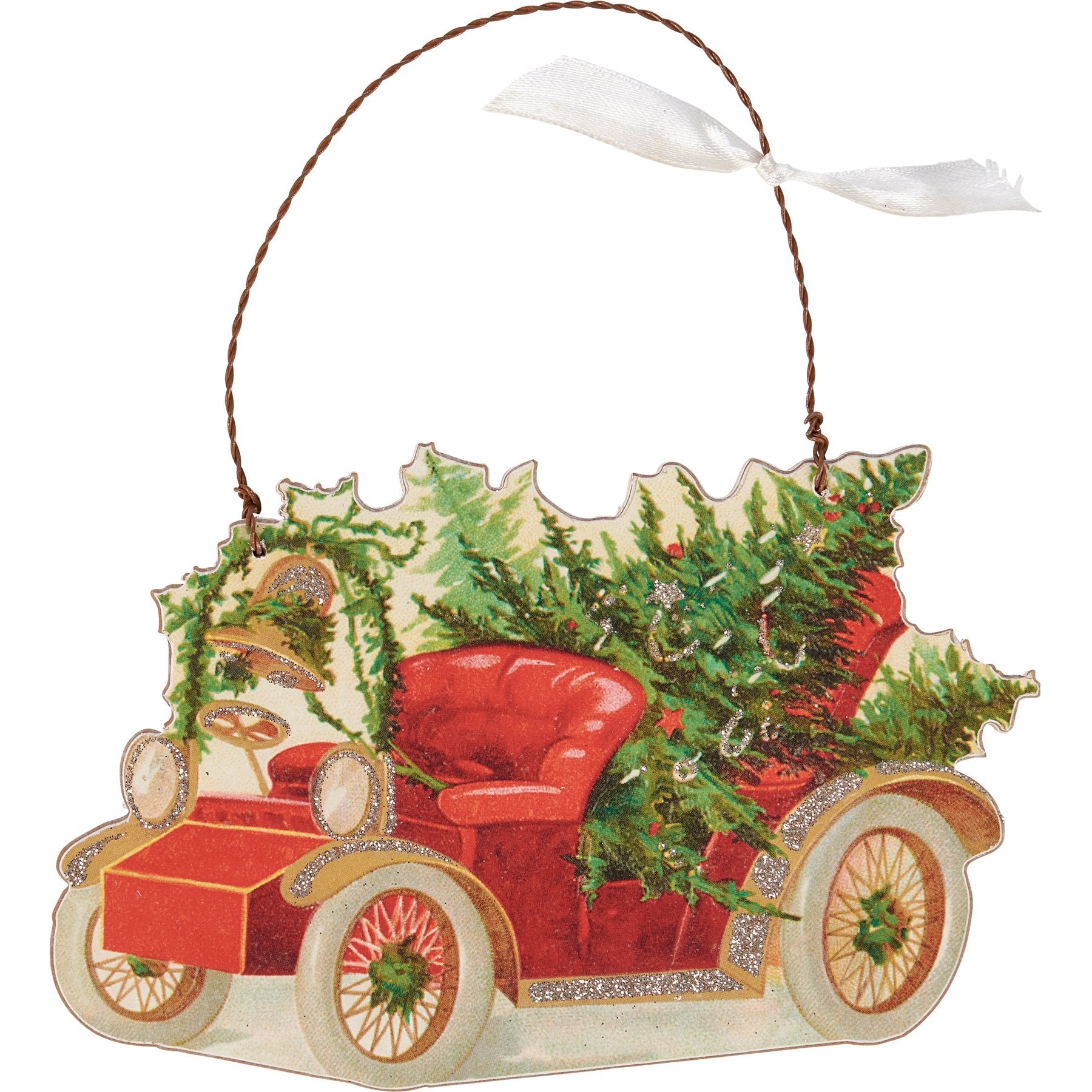 Charming Vintage Red Car Christmas Ornament with Glitter Accents and Ribbon Hanger