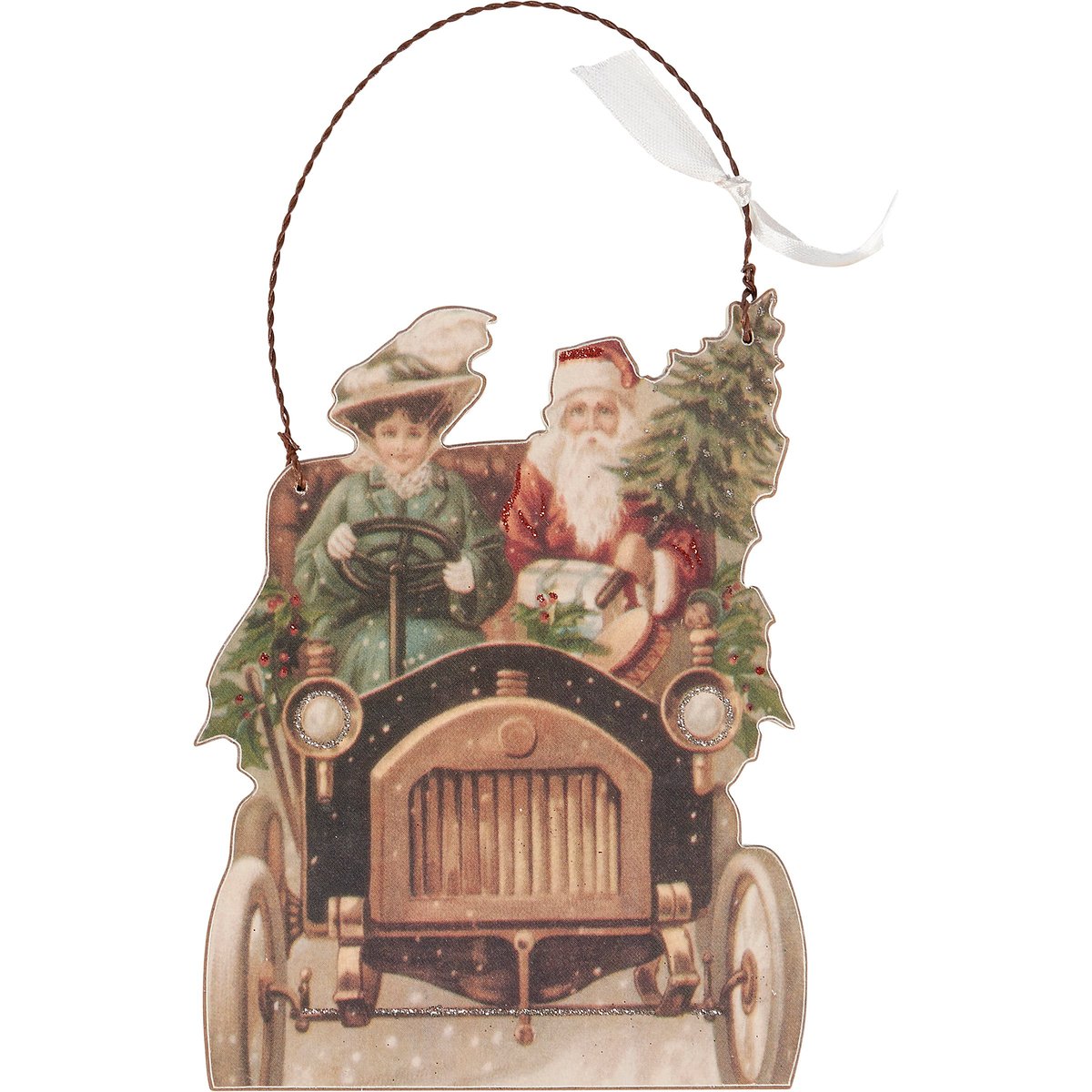 Whimsical Vintage Santa Car Christmas Ornament with Tree, Glitter, and Ribbon