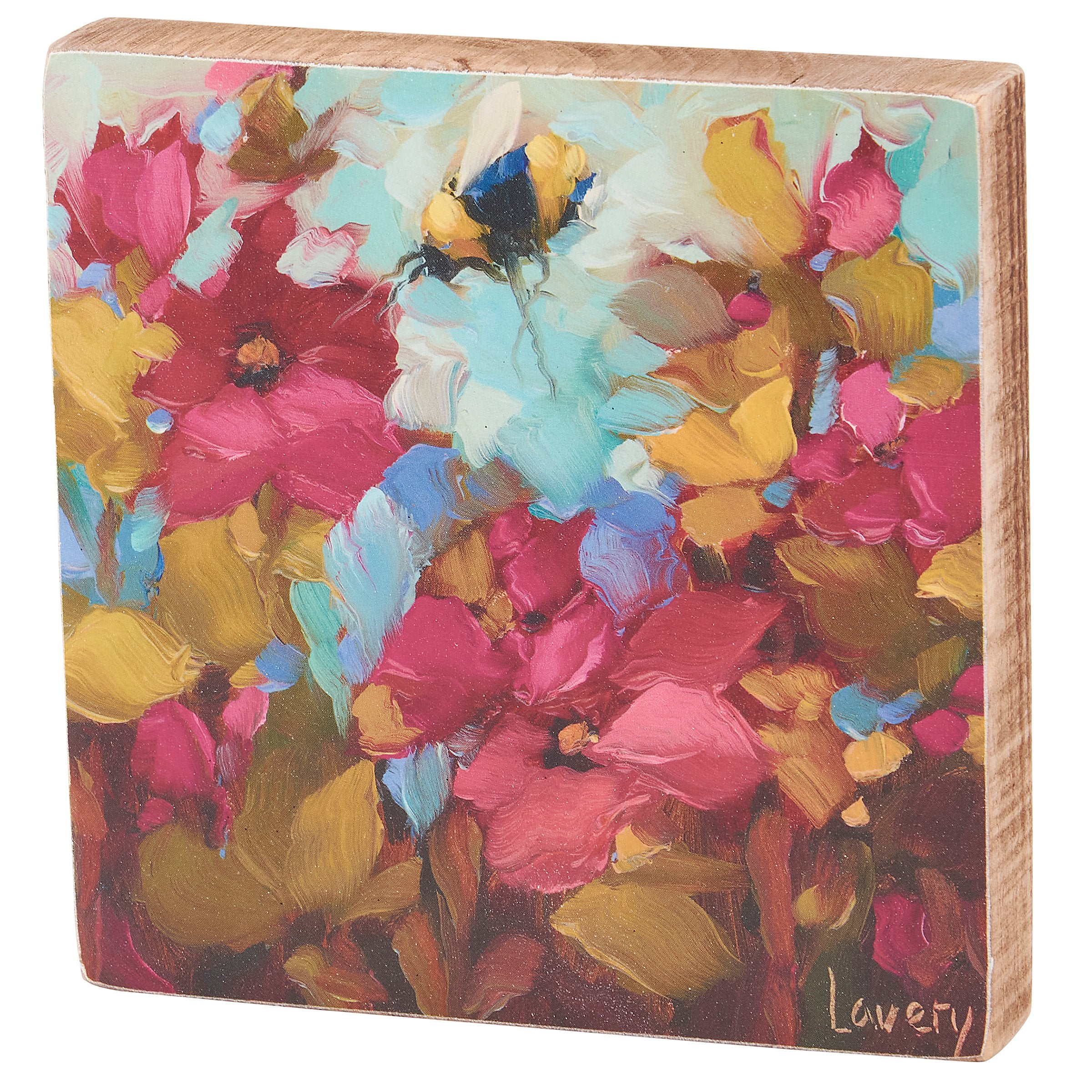 Charming Floral Bee Block Sign: Distressed Wood, Hand-Painted Botanical Art Decor