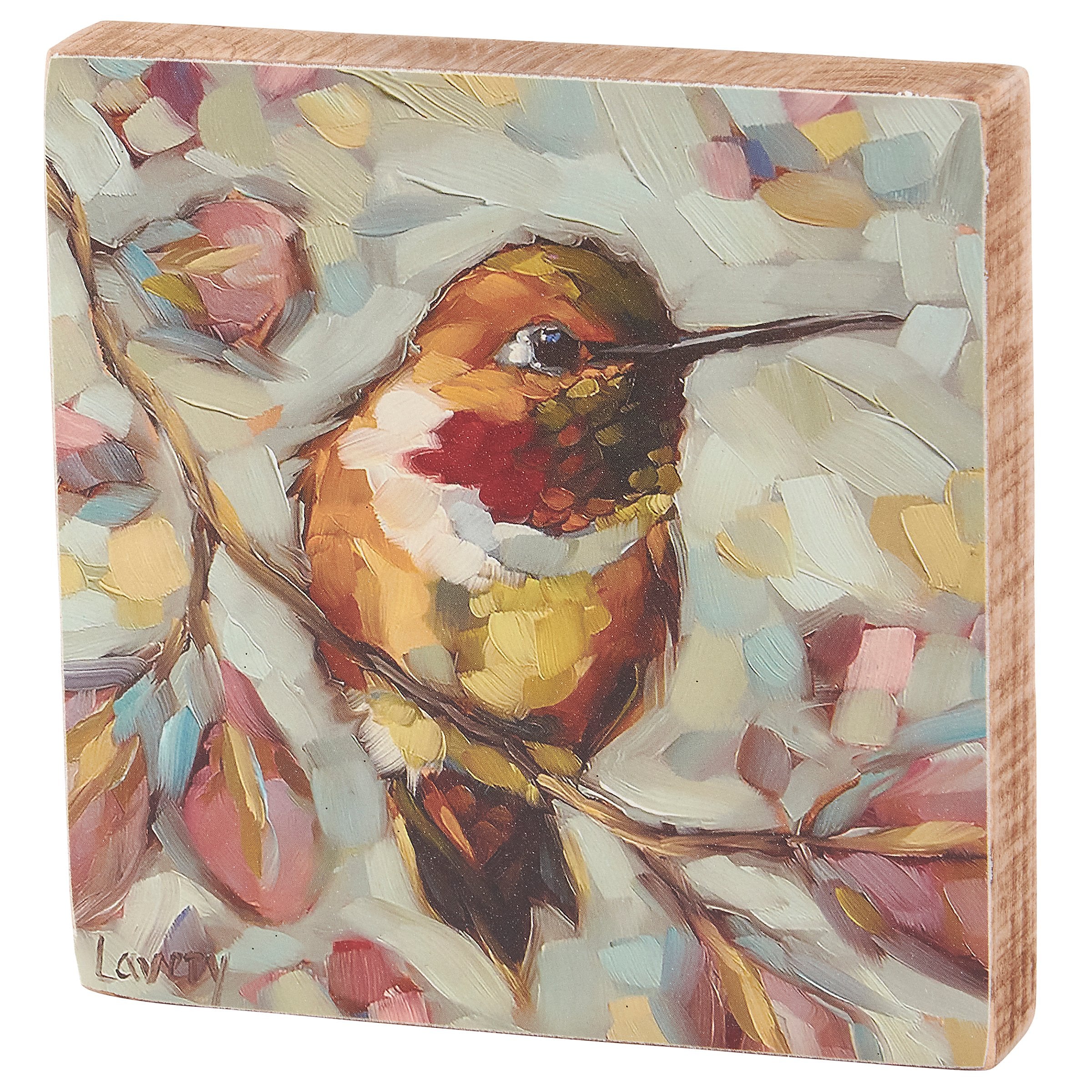 Textured Hummingbird Art Block Sign - Botanical Floral Wood Decor, Freestanding Wall Mount