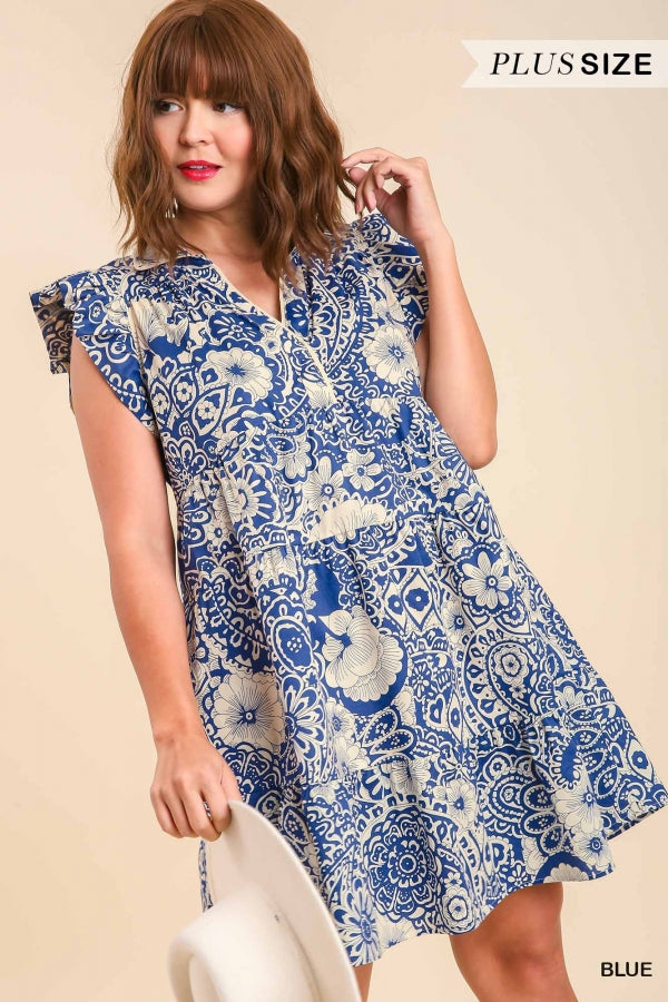 Umgee Abstract Print V-Neck Babydoll Dress with Ruffled Cap Sleeves