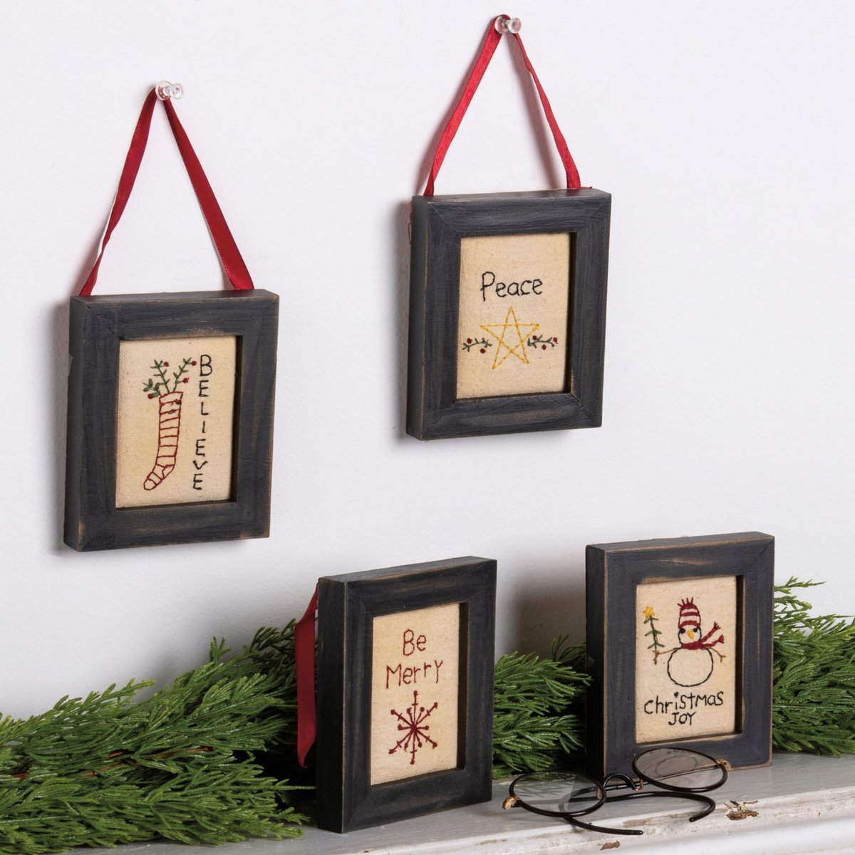 Charming Christmas Stitchery Set: 'Be Merry Believe Peace Joy' Framed Canvas Decor