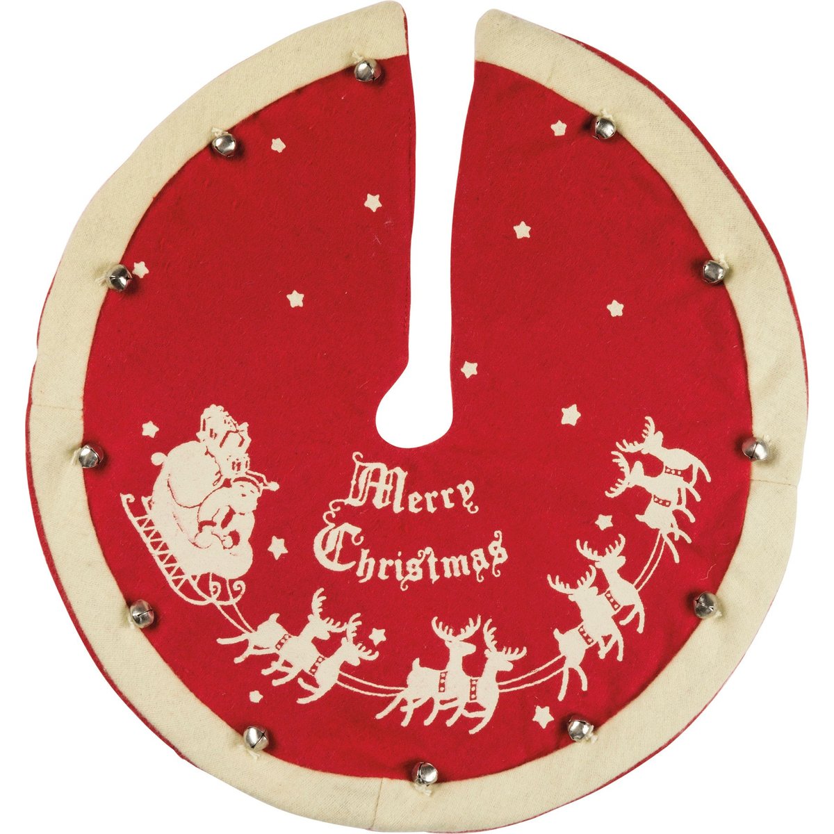 Whimsical Santa Sleigh Vintage Christmas Tree Skirt with Jingle Bells & Festive 'Merry Christmas' Design