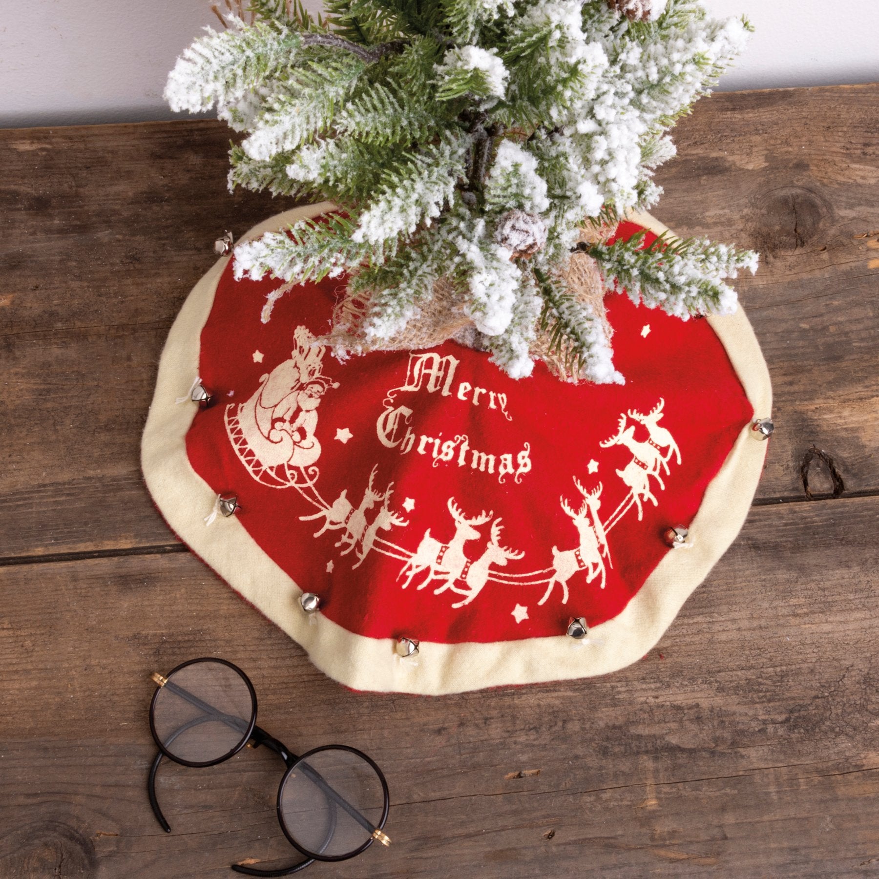 Vintage Christmas Tree Skirt with Santa Sleigh, Merry Christmas, Bell Trim