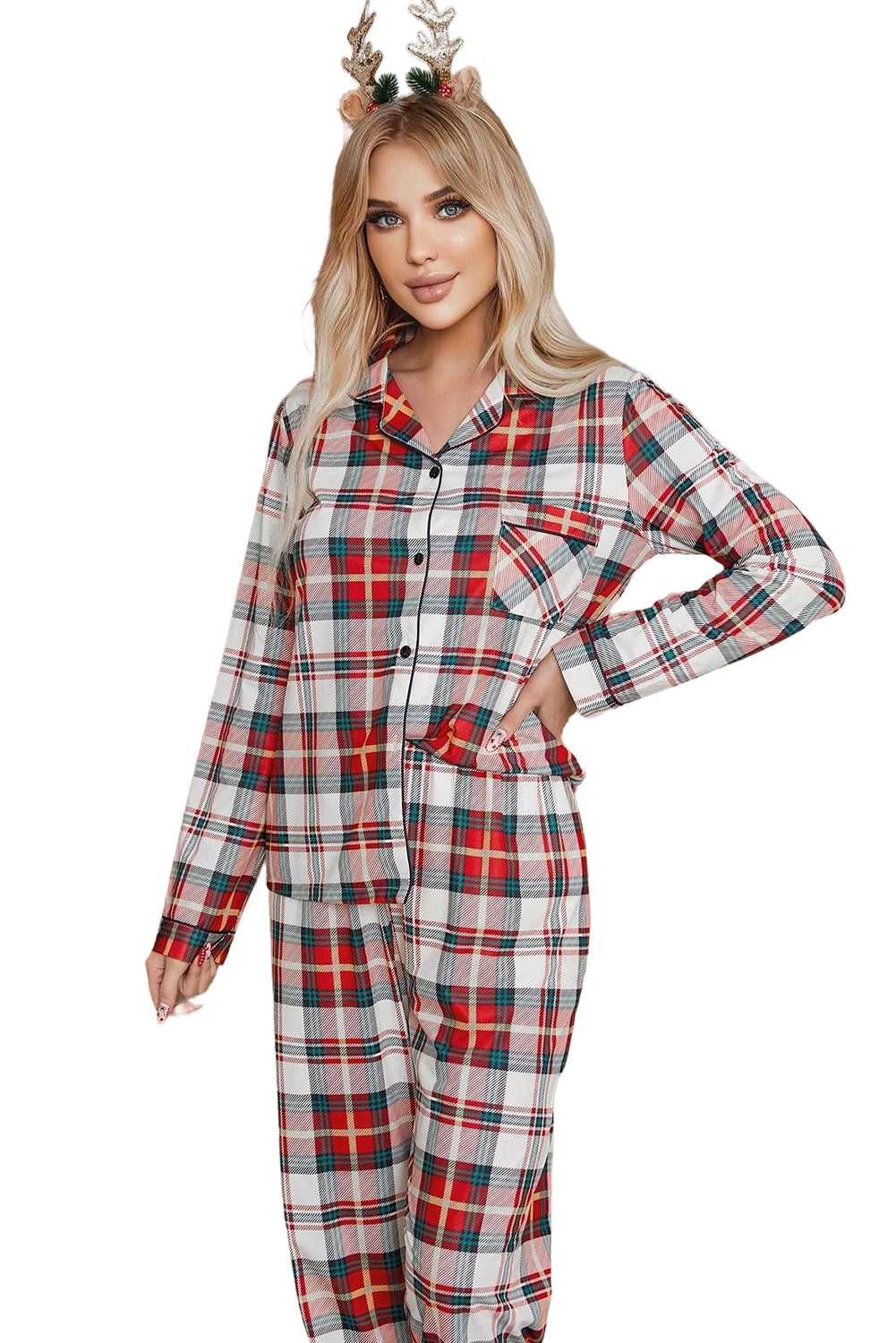 Red Christmas Plaid Long Sleeve Shirt and Pants Pajama Set