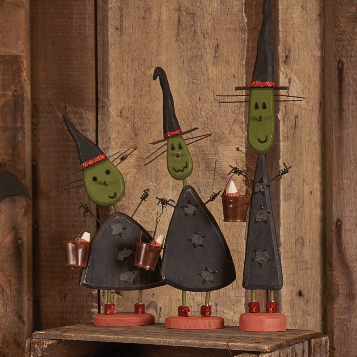 Charming Halloween Witch Trio Sitter Set - Festive Rustic Decor Figures