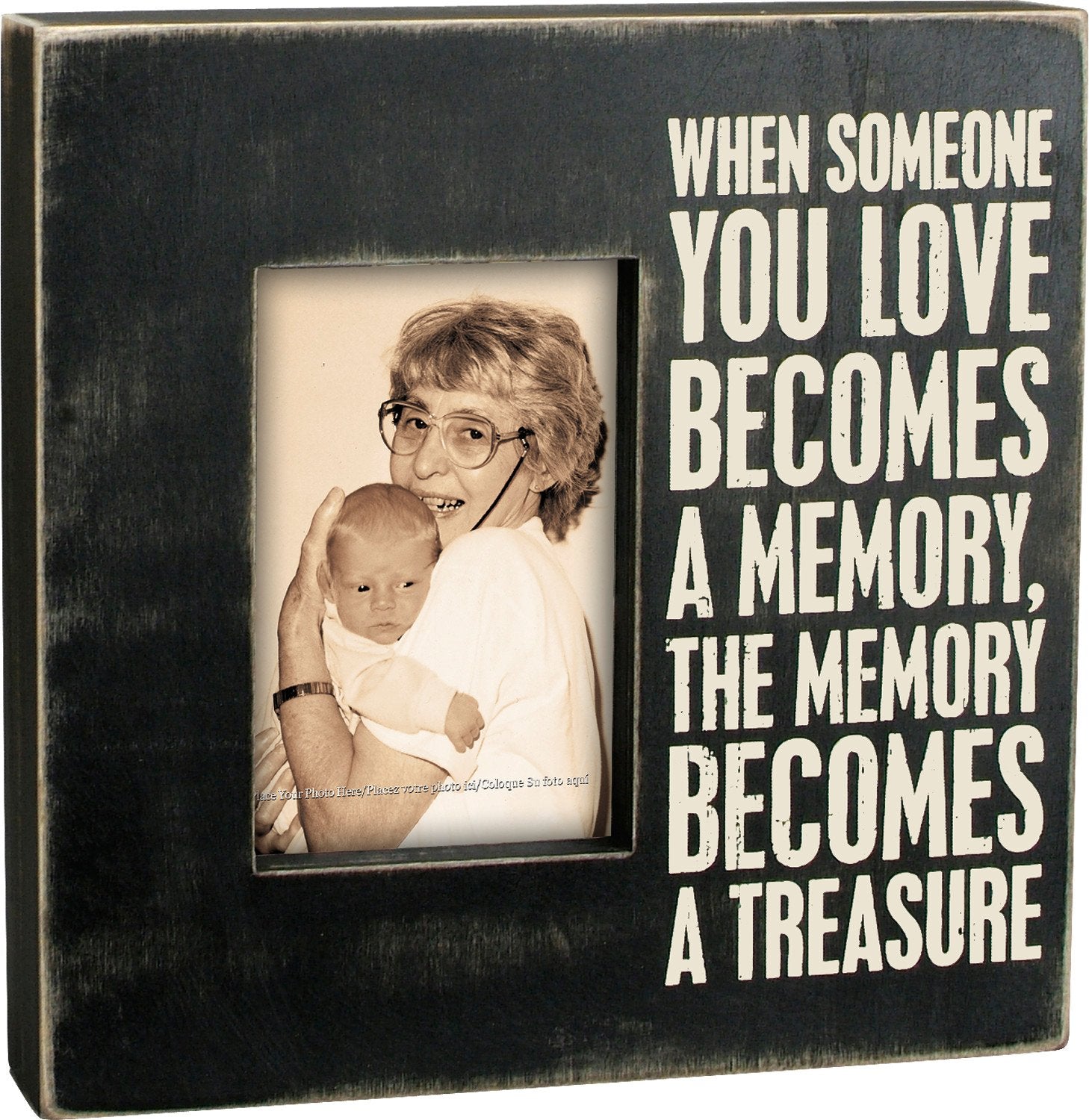 Distressed Black White Wooden Box Frame, 4x6 Photo Display, Treasured Memory Sentiment