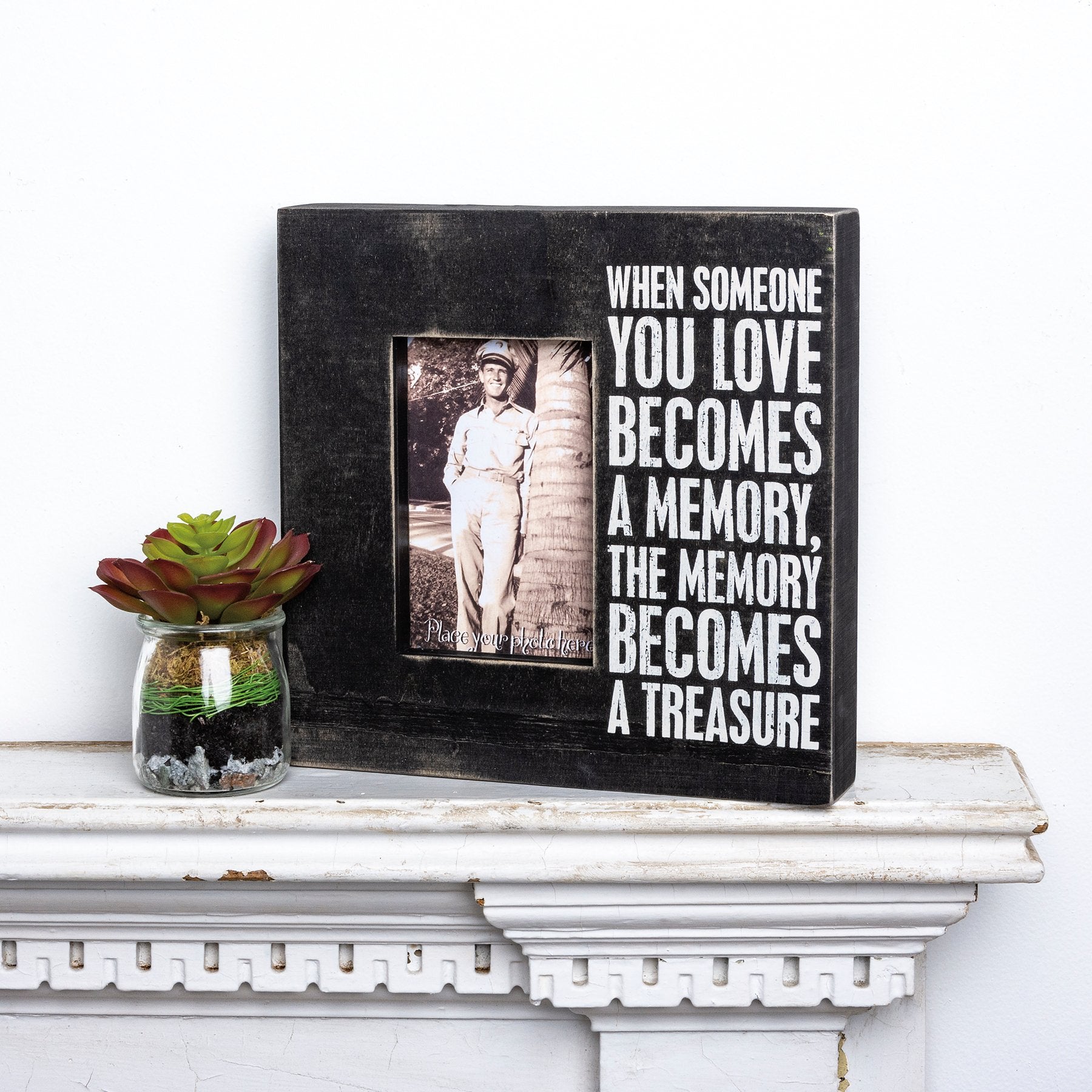Distressed Black White Wooden Box Frame, 4x6 Photo Display, Treasured Memory Sentiment