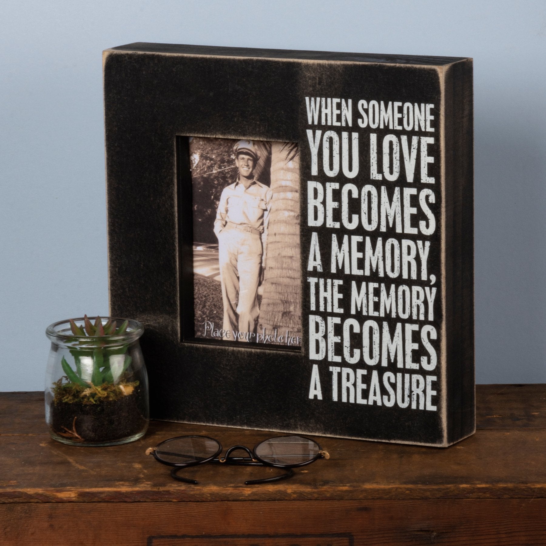 Distressed Black White Wooden Box Frame, 4x6 Photo Display, Treasured Memory Sentiment
